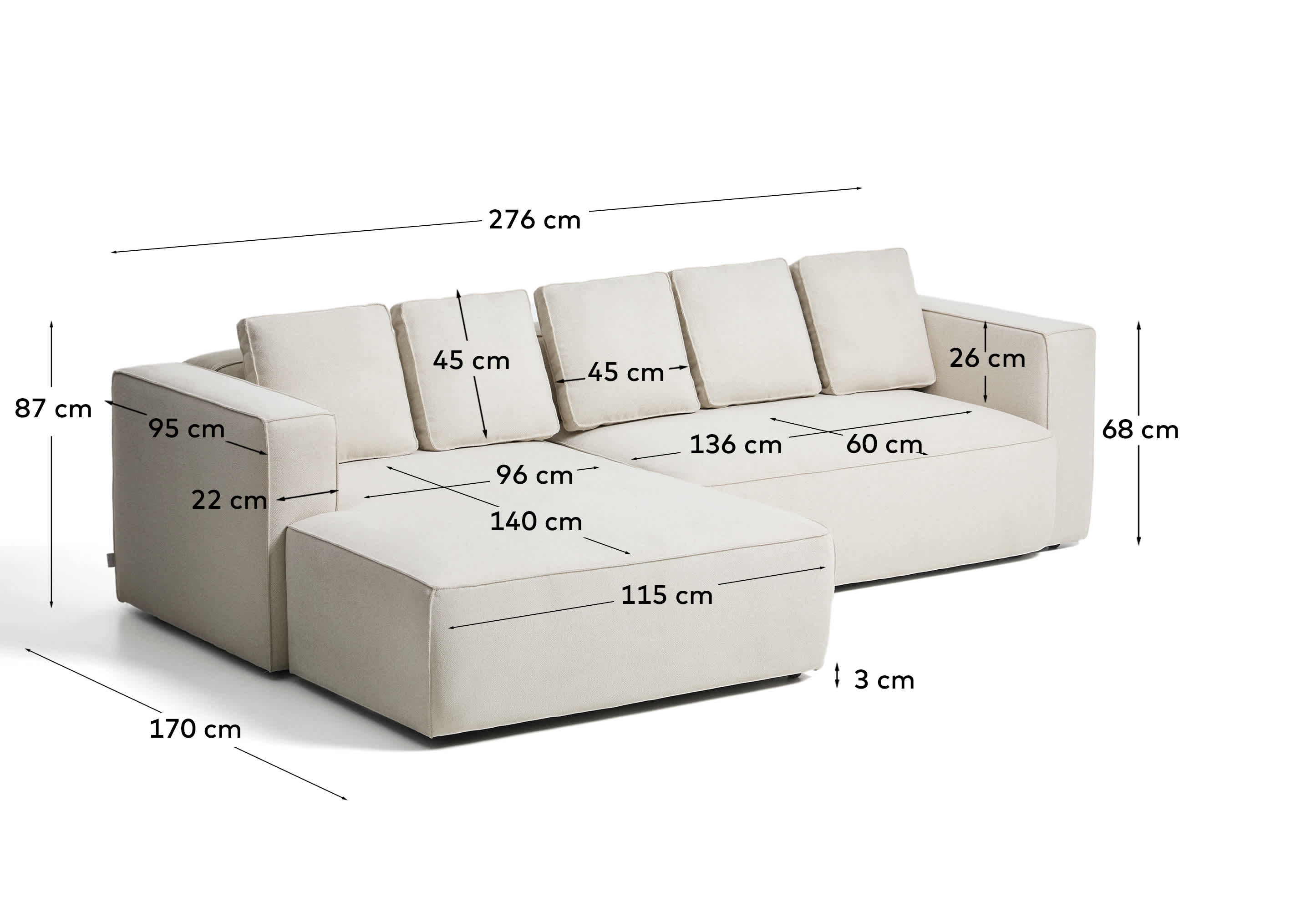 Marela beige chenille 3-seater sofa bed with left chaise longue 276cm FSC Mix Credit