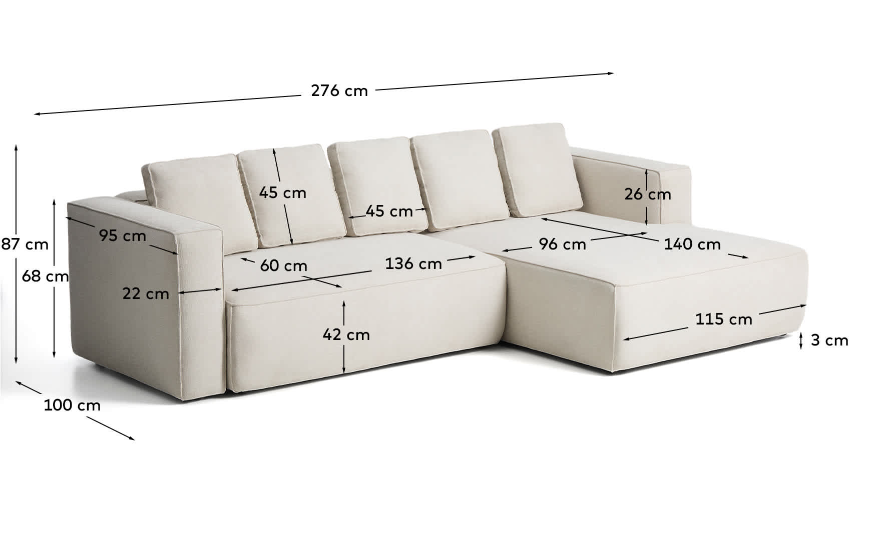 Marela beige chenille 3-seater sofa bed with right chaise longue 276cm FSC Mix Credit
