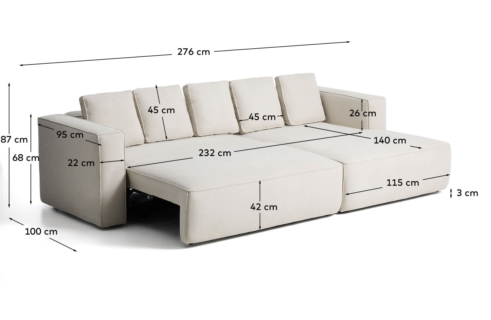 Marela beige chenille 3-seater sofa bed with right chaise longue 276cm FSC Mix Credit