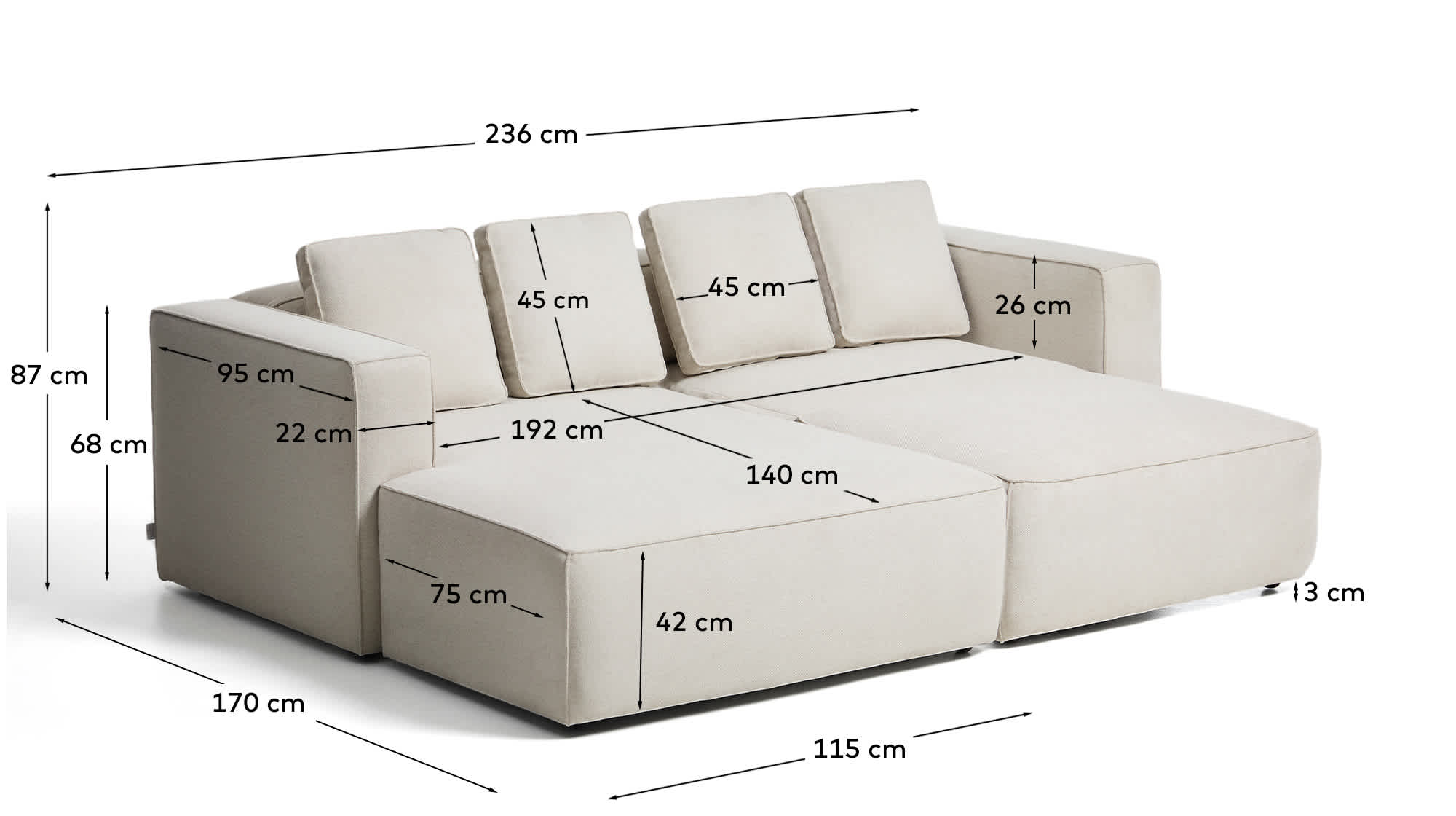 Marela beige chenille 3-seater sofa bed with left chaise longue 236cm FSC Mix Credit