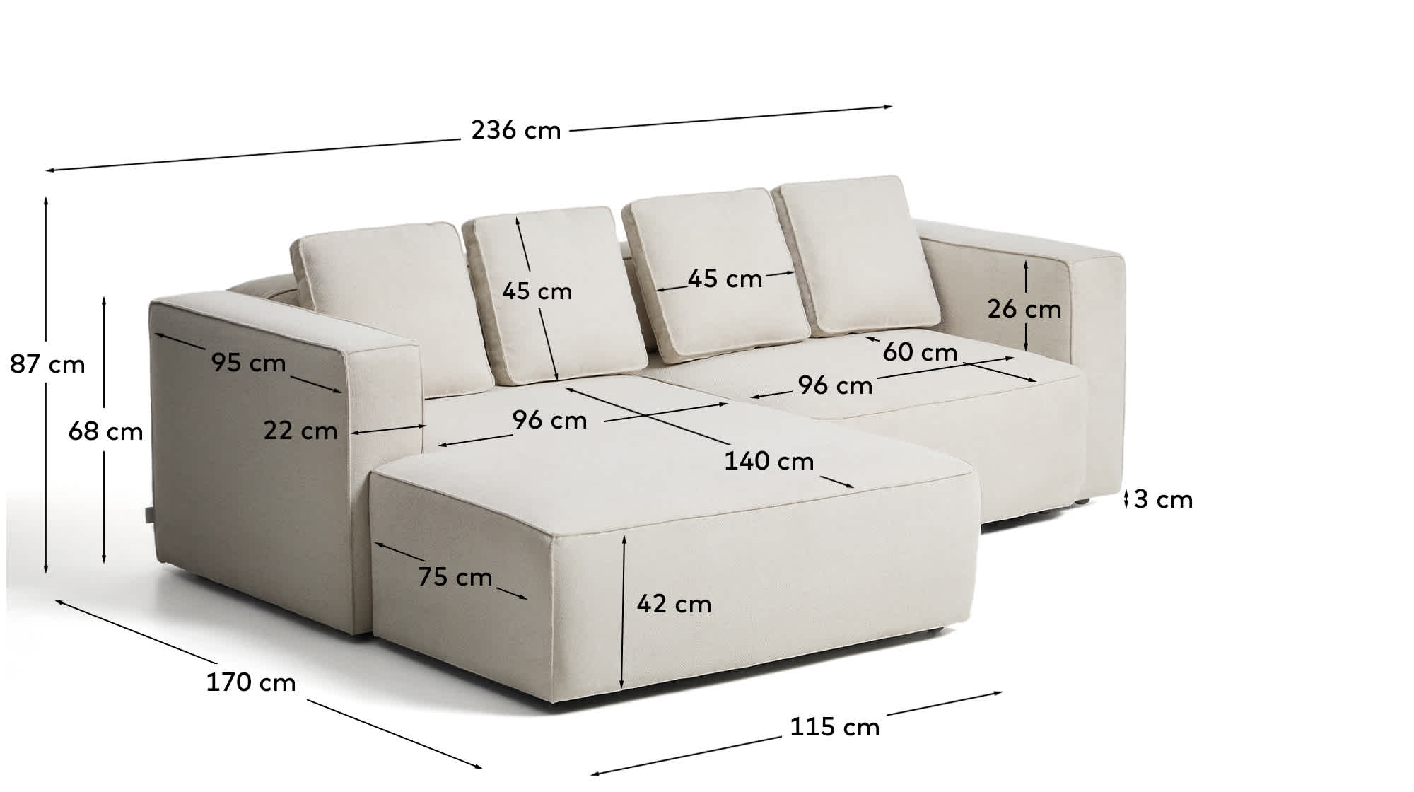 Marela beige chenille 3-seater sofa bed with left chaise longue 236cm FSC Mix Credit