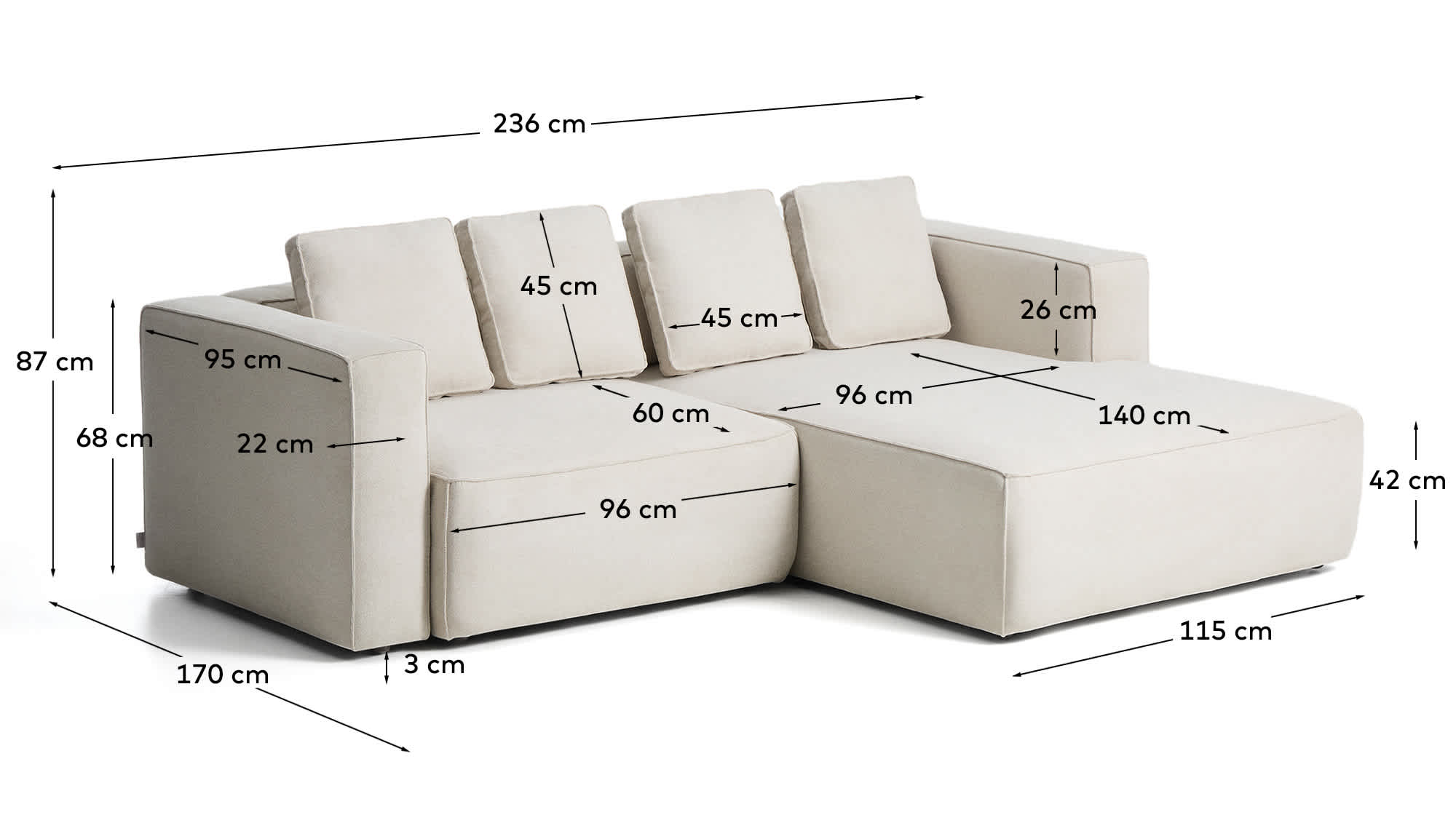 Marela beige chenille 3-seater sofa bed with right chaise longue 236cm FSC Mix Credit