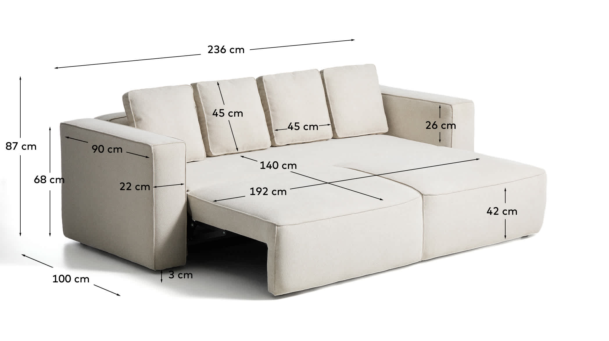 Marela beige chenille 3-seater sofa bed 236cm FSC Mix Credit