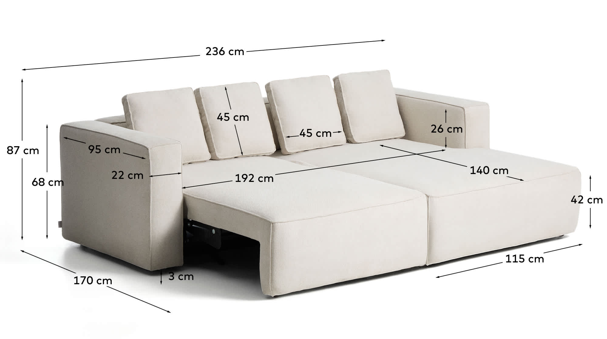 Marela beige chenille 3-seater sofa bed with right chaise longue 236cm FSC Mix Credit