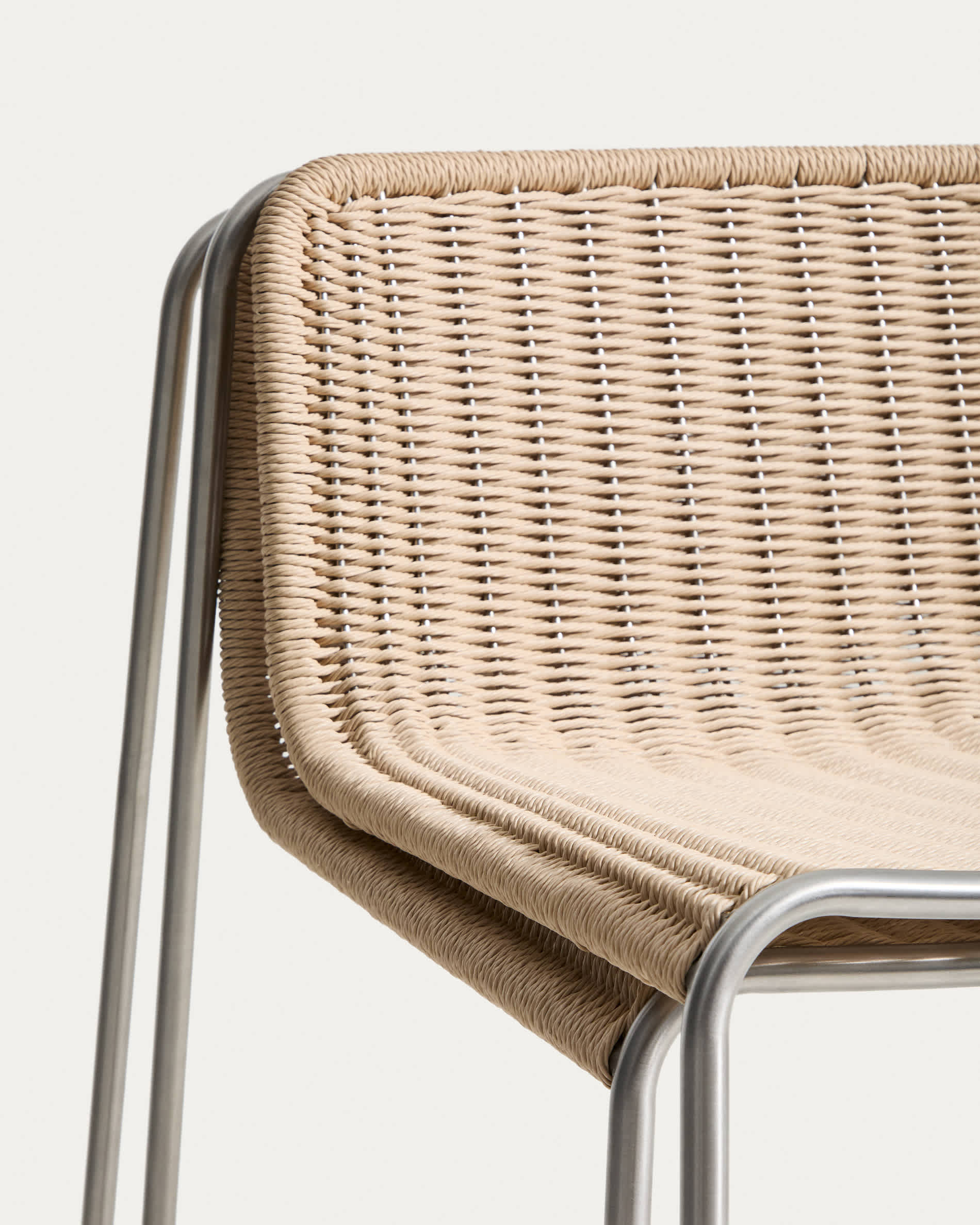 Tavari stackable stool in beige synthetic rope cord and AISI 304 stainless steel with brushed finish 75 cm