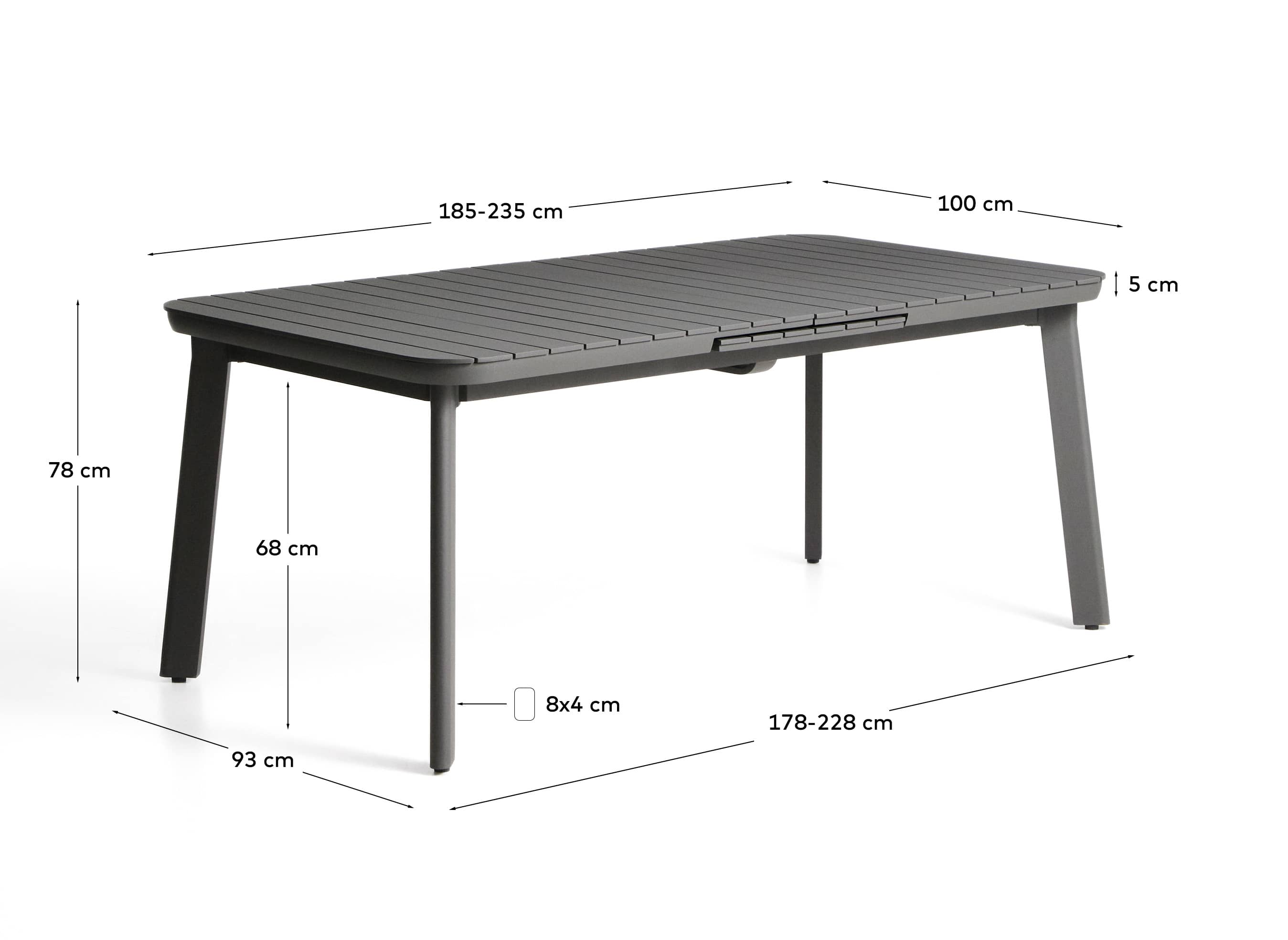 Izola extendable outdoor table in aluminium with graphite finish 185 (235) x 100cm
