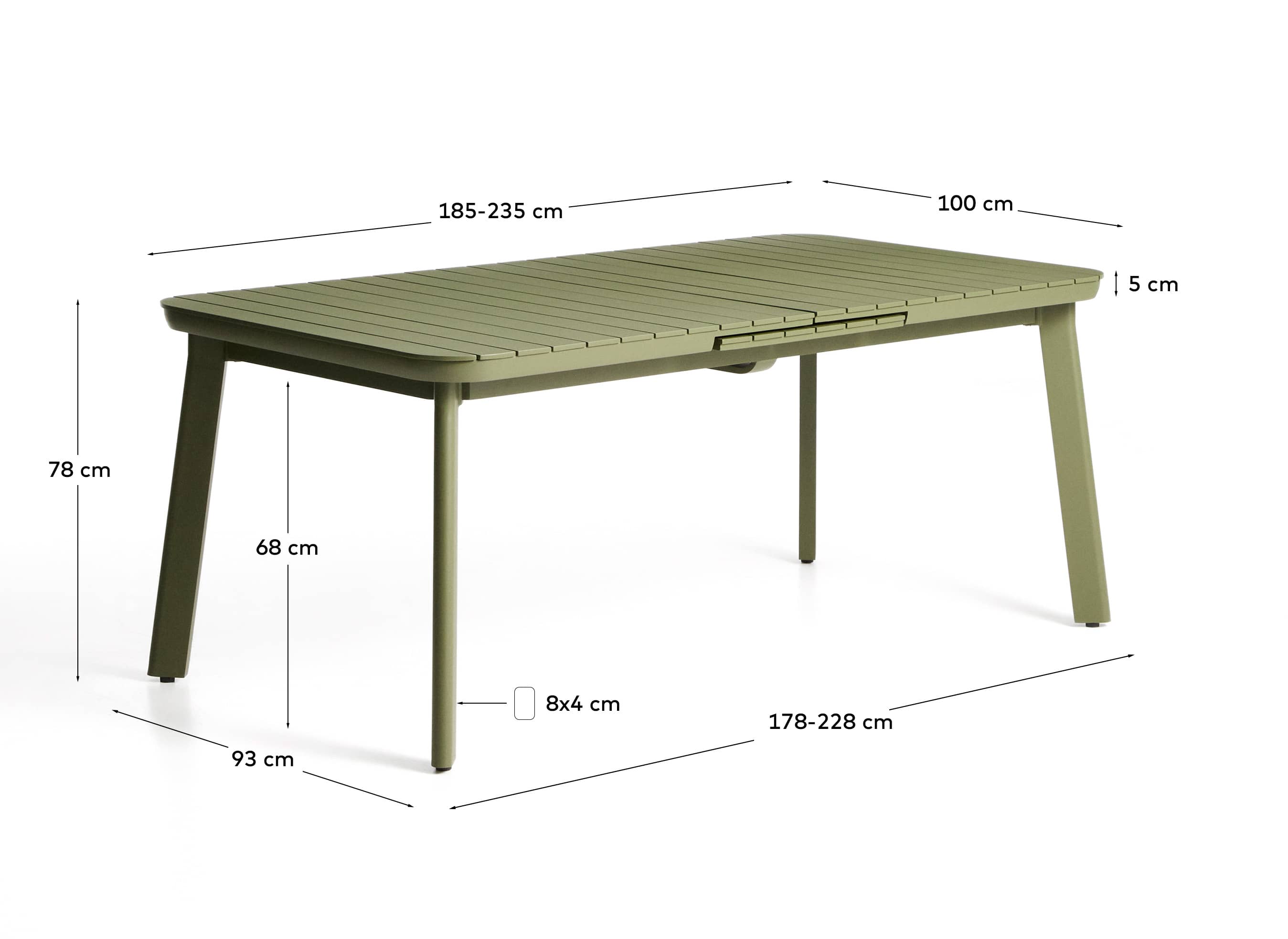 Izola extendable outdoor table in aluminium with green finish 185 (235) x 100cm