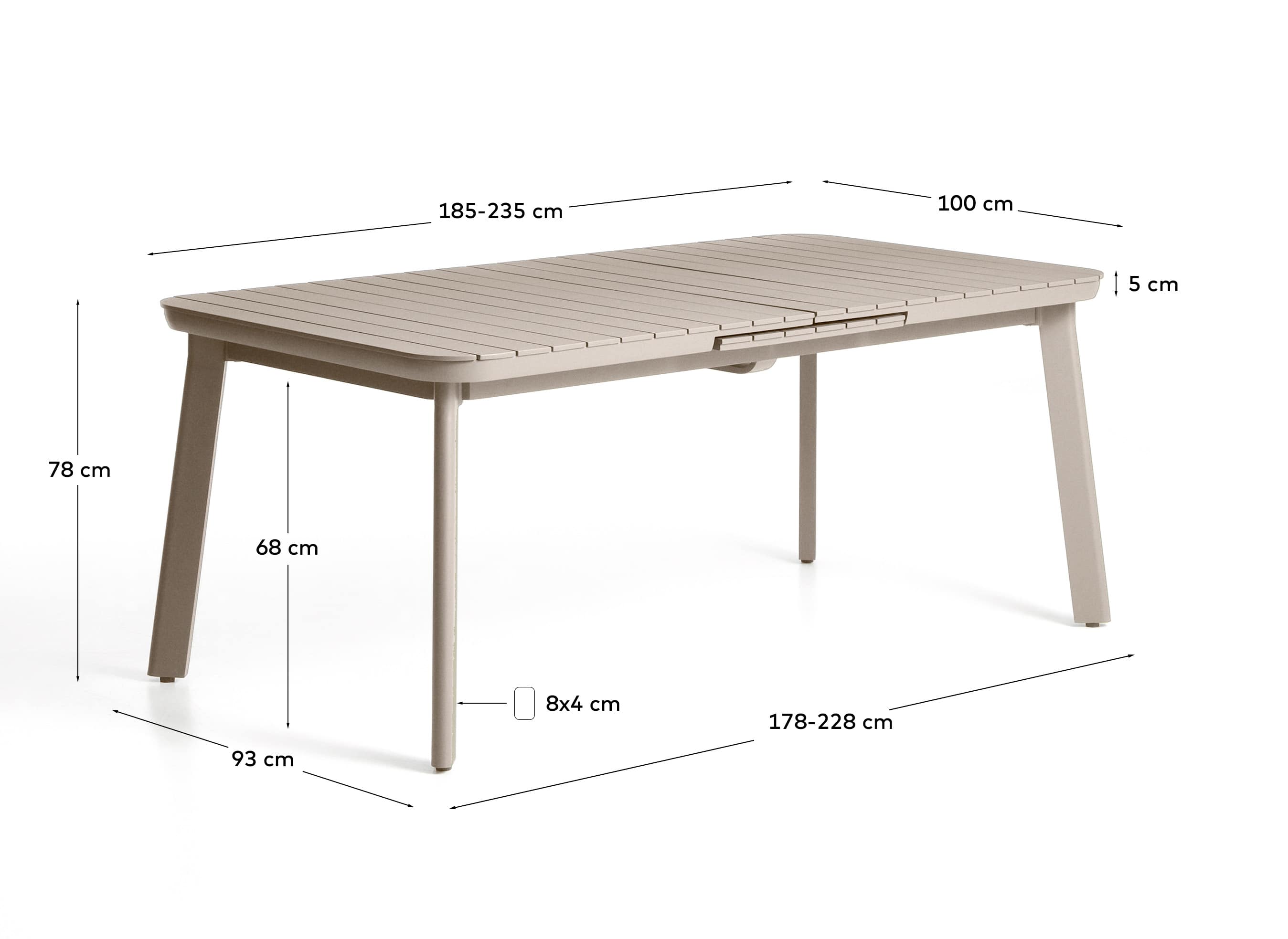 Izola extendable outdoor table in aluminium with taupe finish 185 (235) x 100 cm