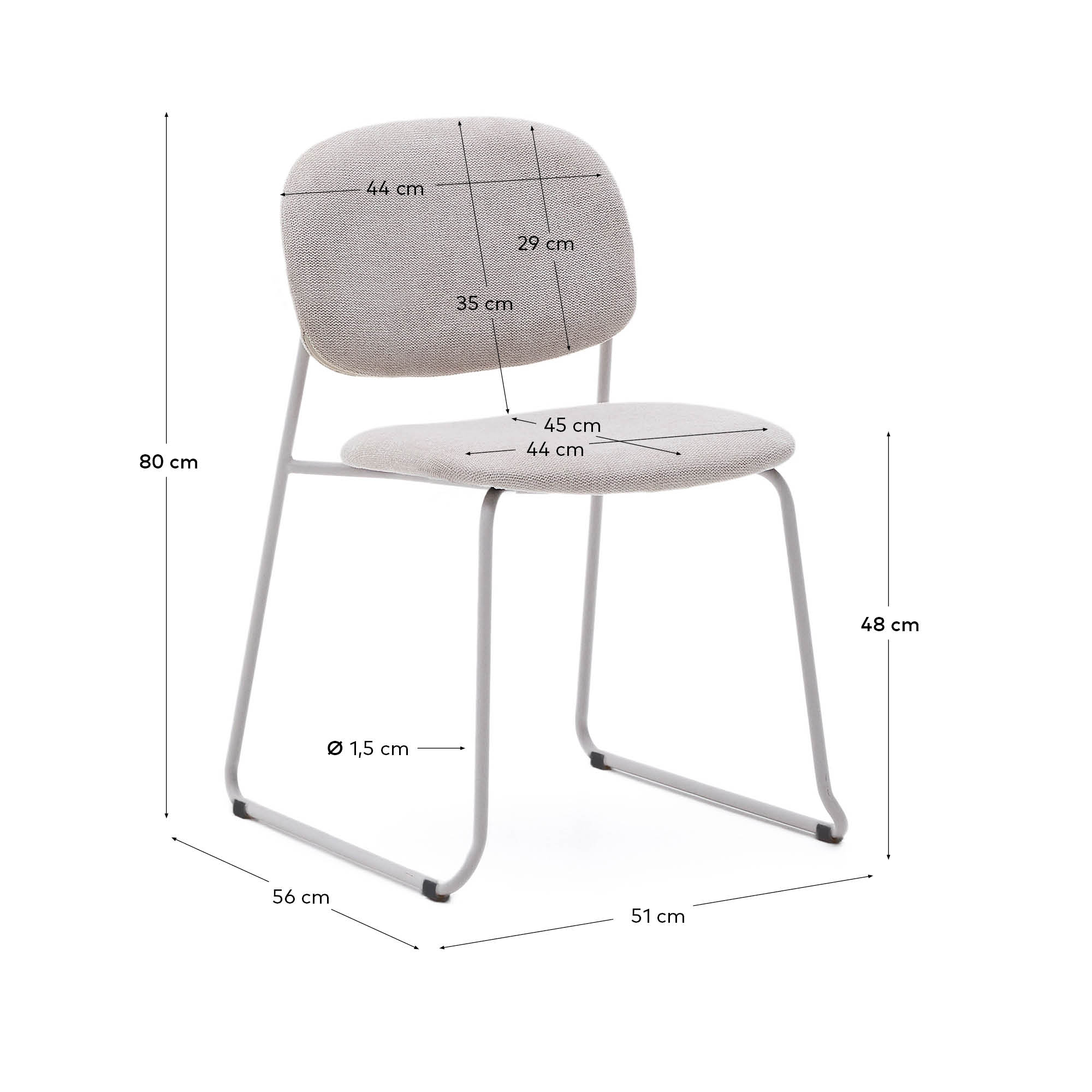 Meli stackable chair in beige chenille with beige metal legs FSC Mix Credit