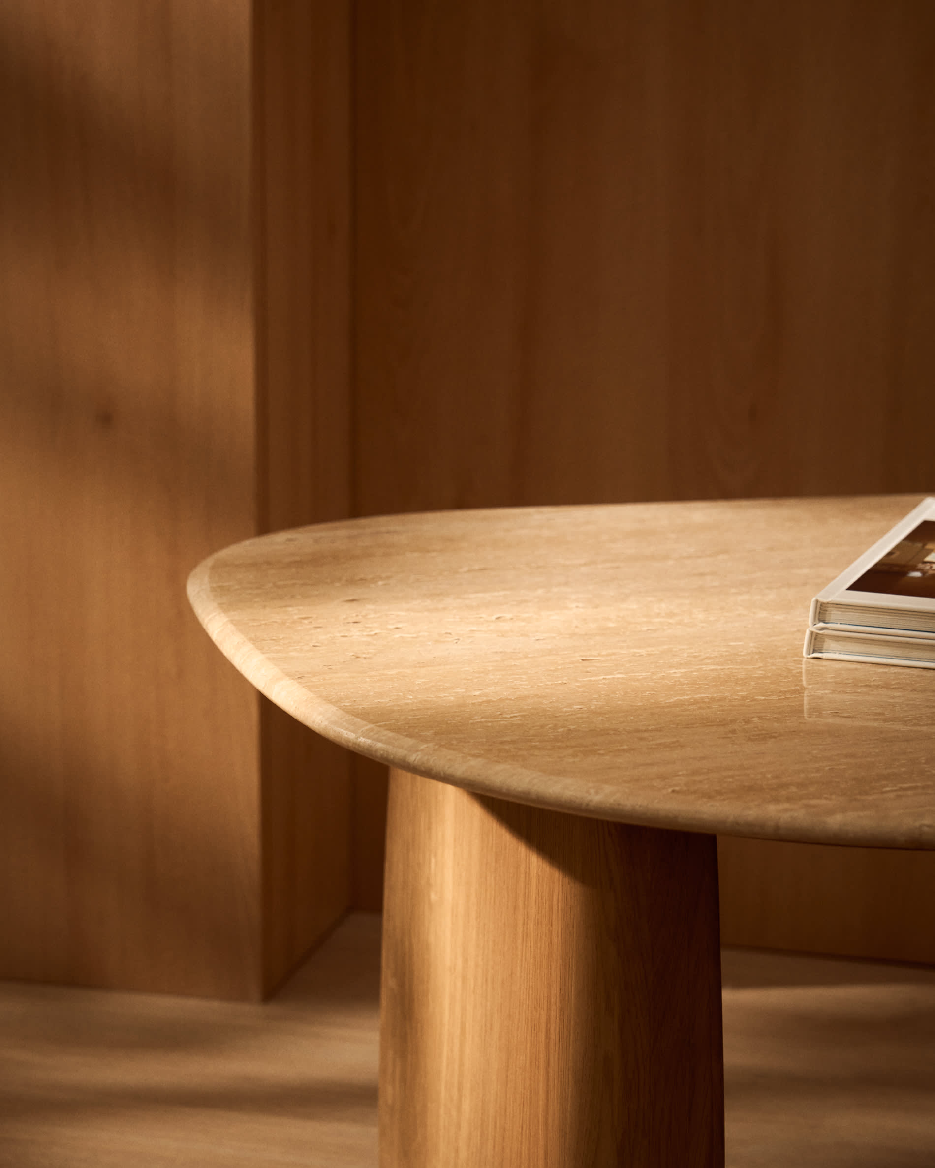 Pirita side table in beige travertine with solid oak wood legs with a natural-coloured finish 71 x 70cm FSC 100%