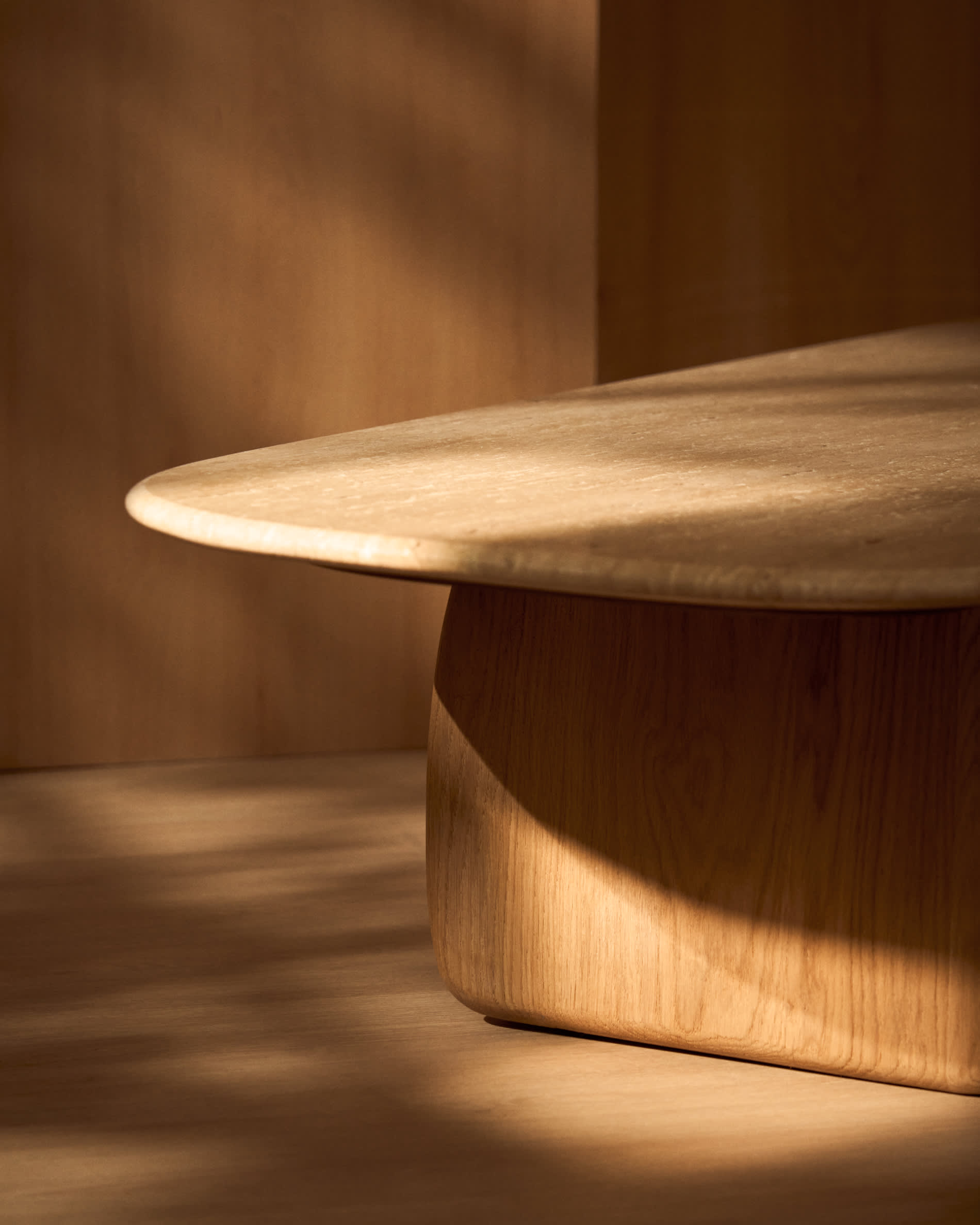 Pirita coffee table in beige travertine with solid oak wood legs with a natural-coloured finish 147 x 65cm FSC 100%
