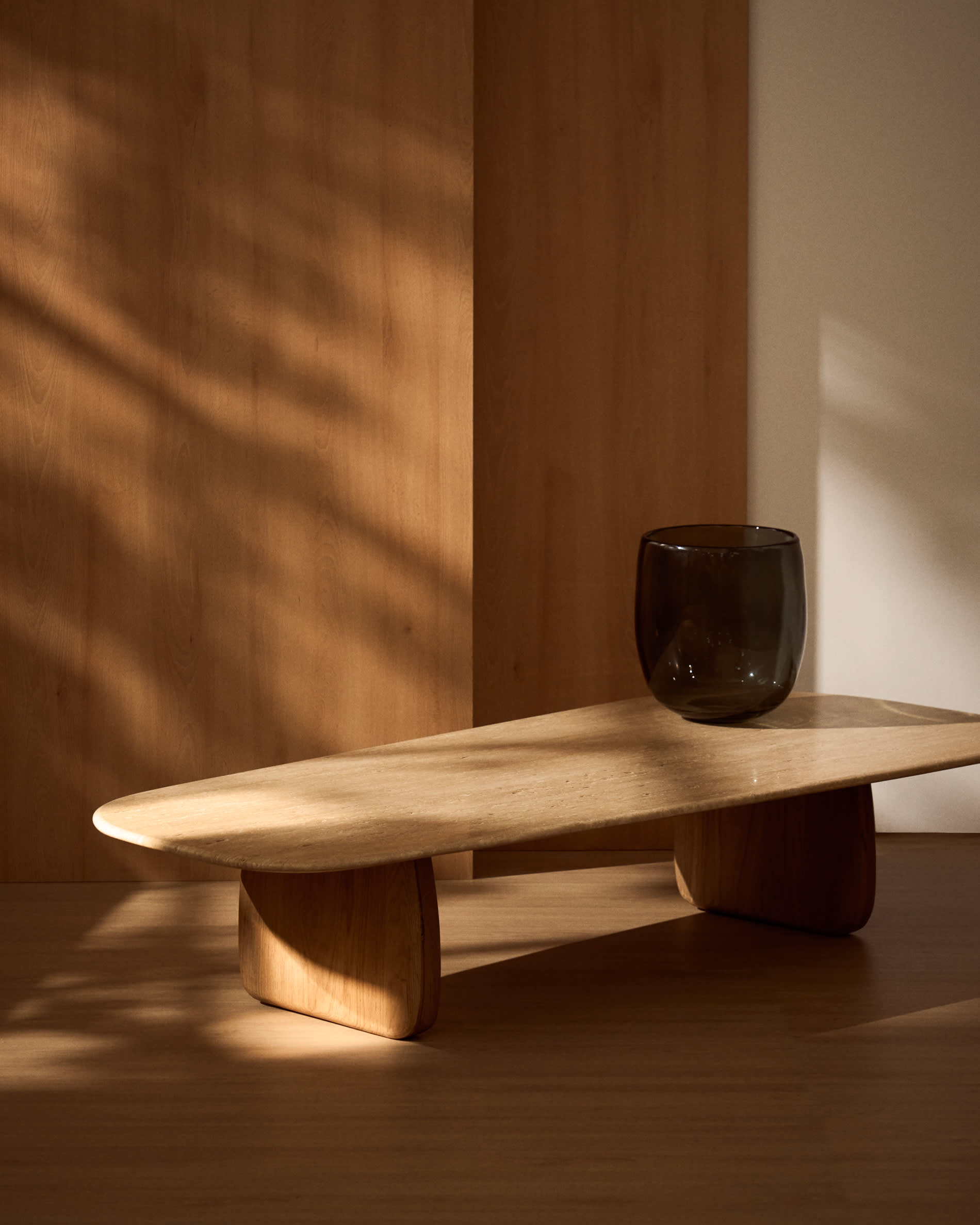 Pirita coffee table in beige travertine with solid oak wood legs with a natural-coloured finish 147 x 65cm FSC 100%