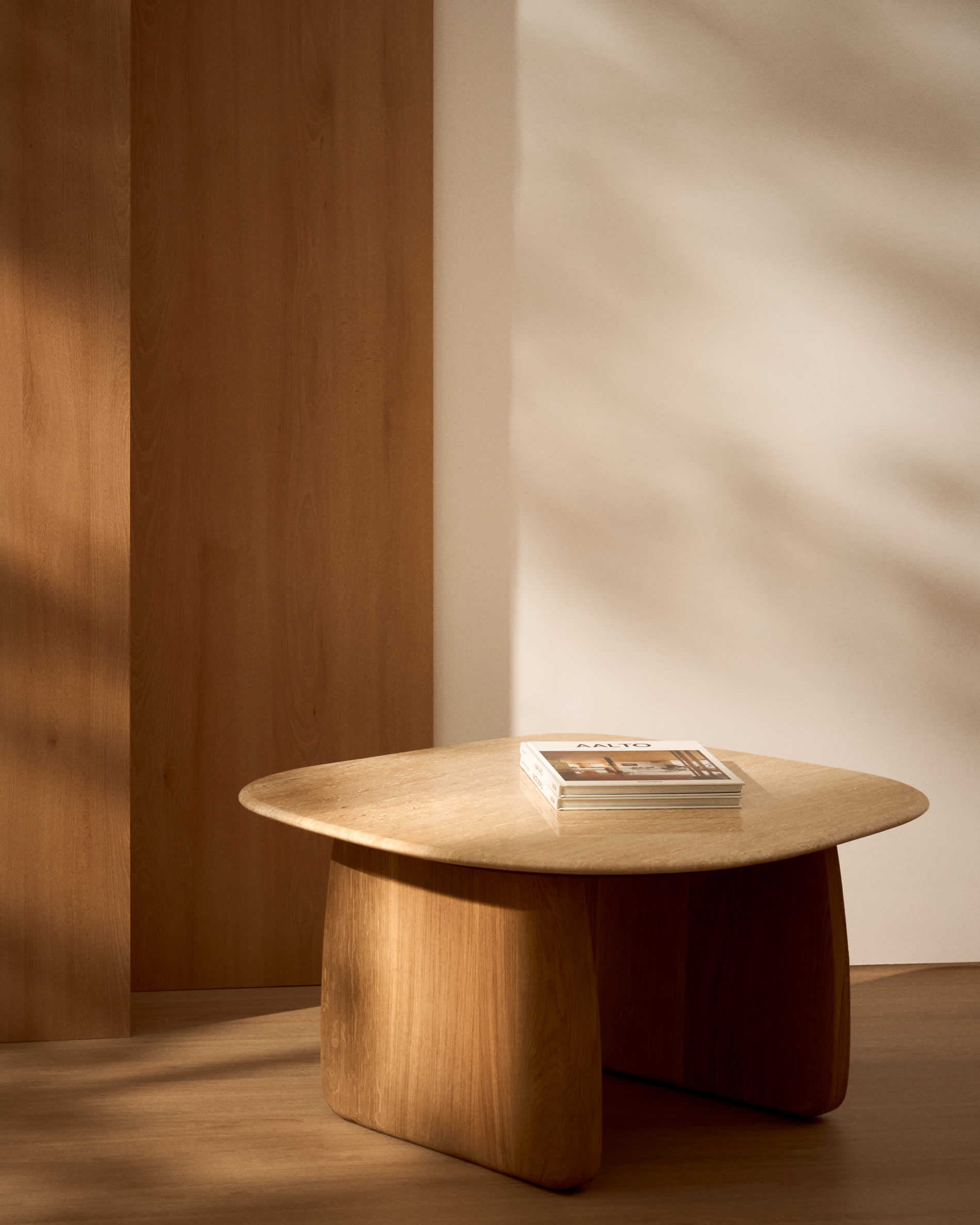 Pirita side table in beige travertine with solid oak wood legs with a natural-coloured finish 71 x 70cm FSC 100%