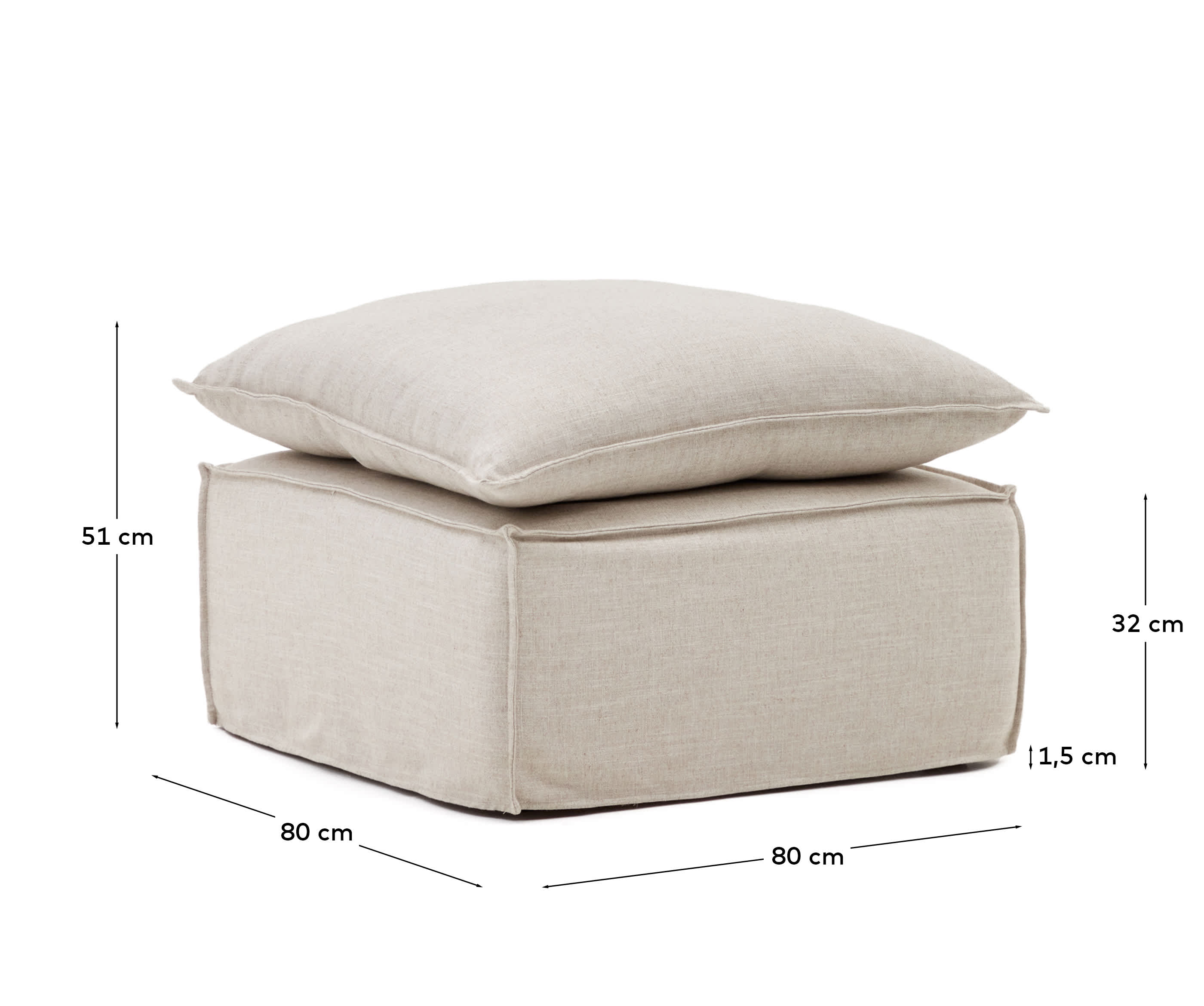 Anarela removable-cover footstool with beige linen cushion FSC Mix Credit 80 x 80 cm.