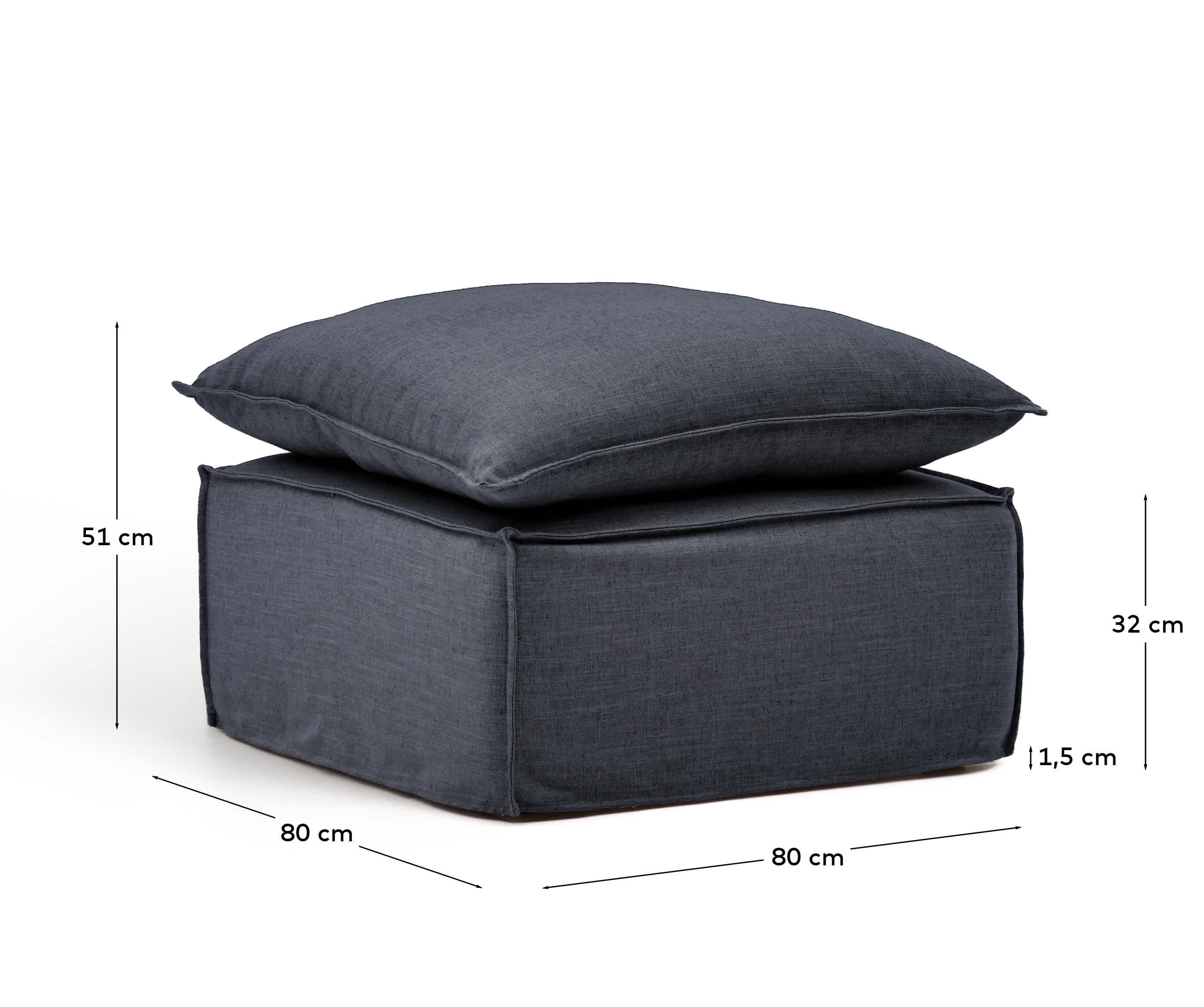 Anarela dark grey linen and viscose footrest with removable cover and cushion 80 x 80cm FSC Mix Credit