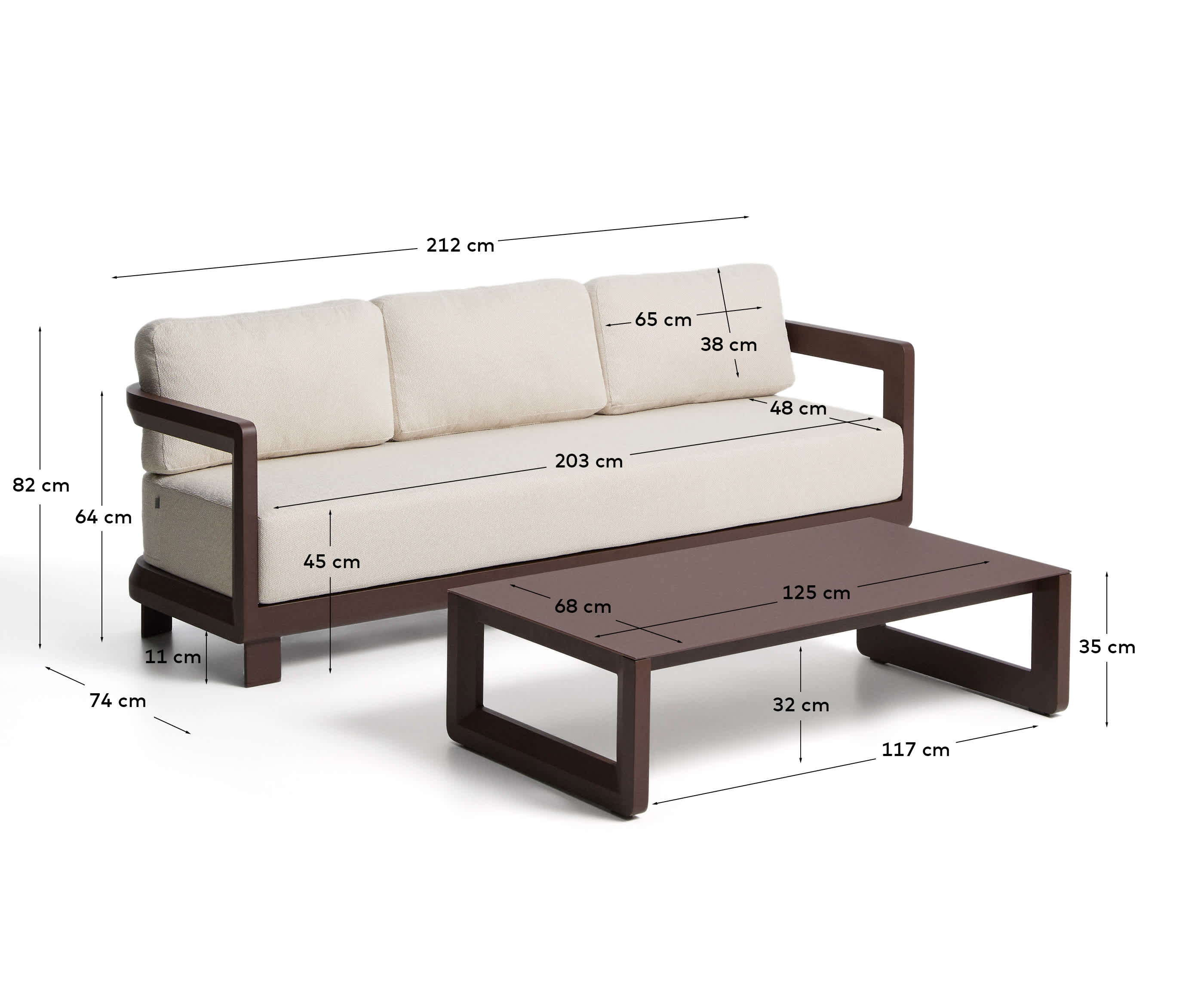 Nerano set with 3-seater sofa and coffee table in brown aluminium