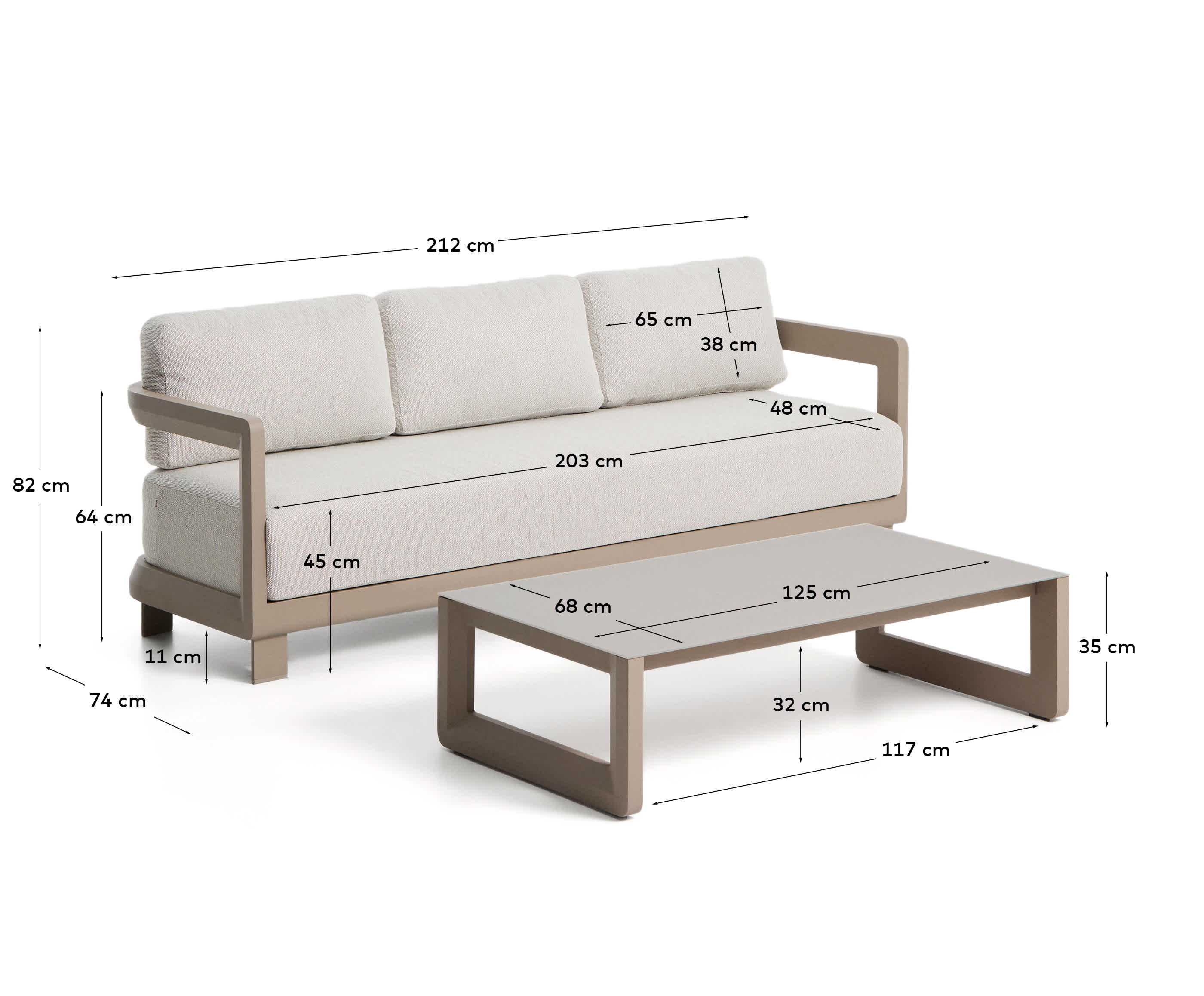 Nerano set with 3-seater sofa and coffee table in taupe aluminium