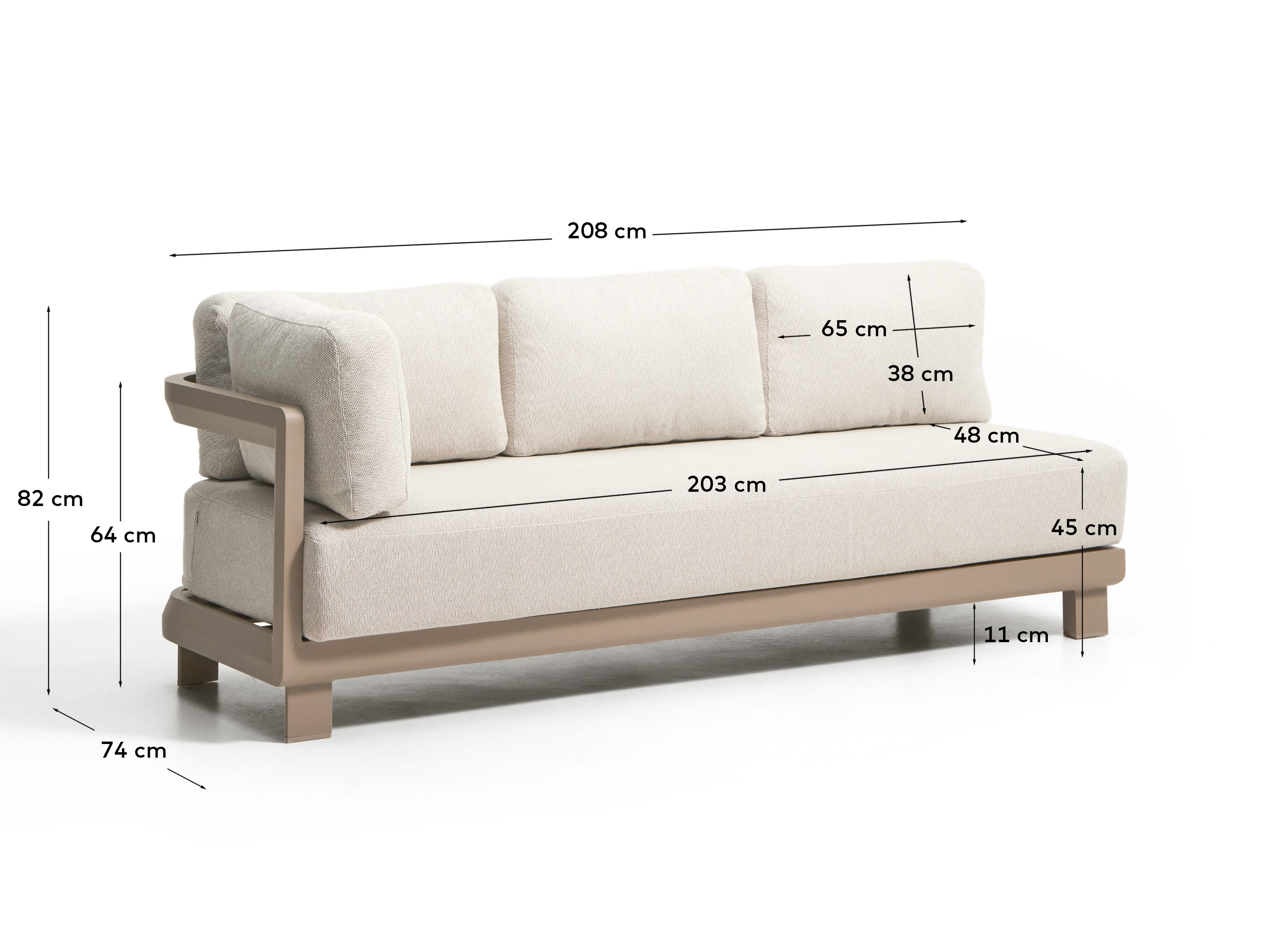 Nerano 3-seater sofa in taupe aluminium 208 cm