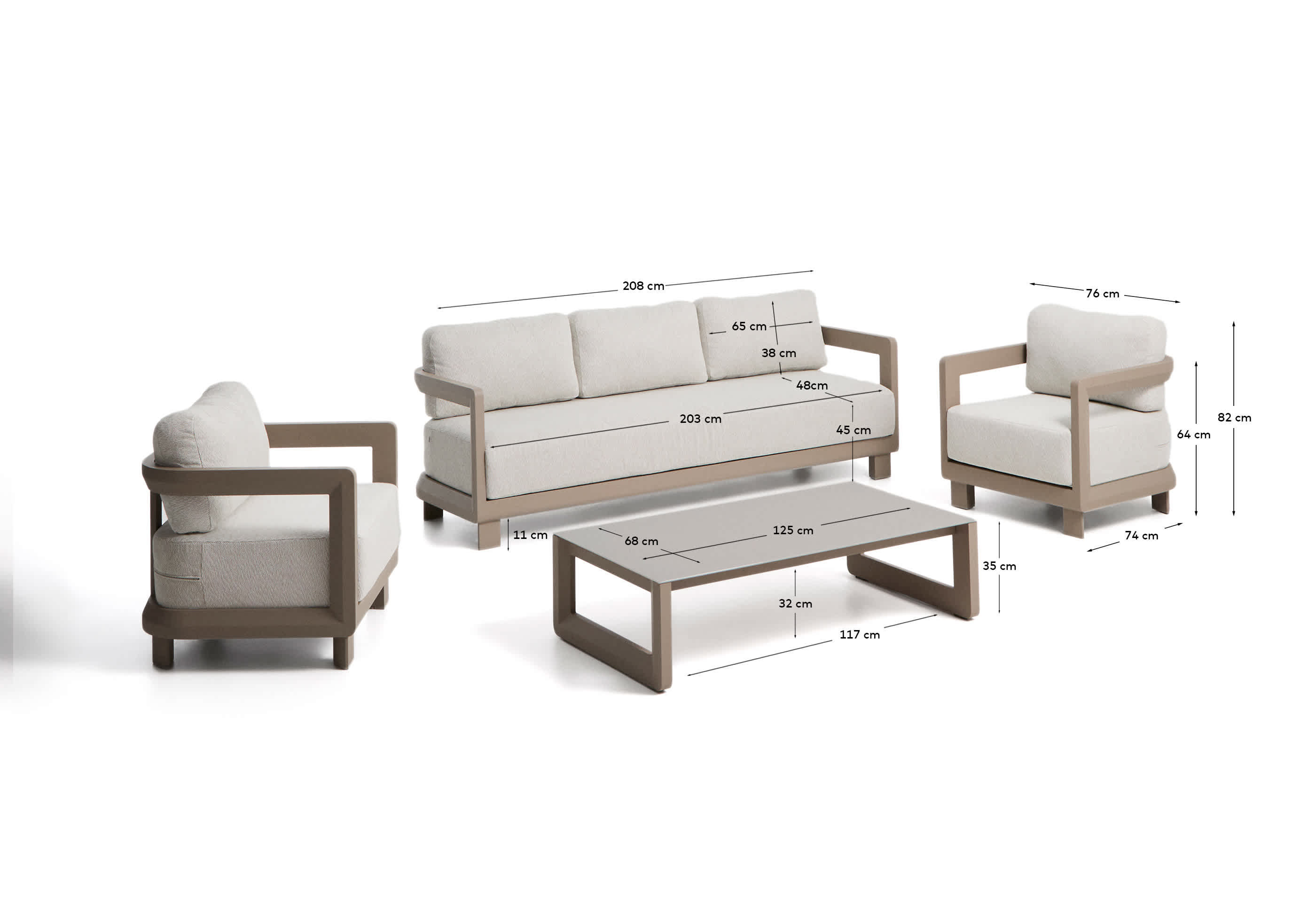 Nerano set with 3-seater sofa, 2 armchairs and coffee table in tempered glass and taupe aluminium