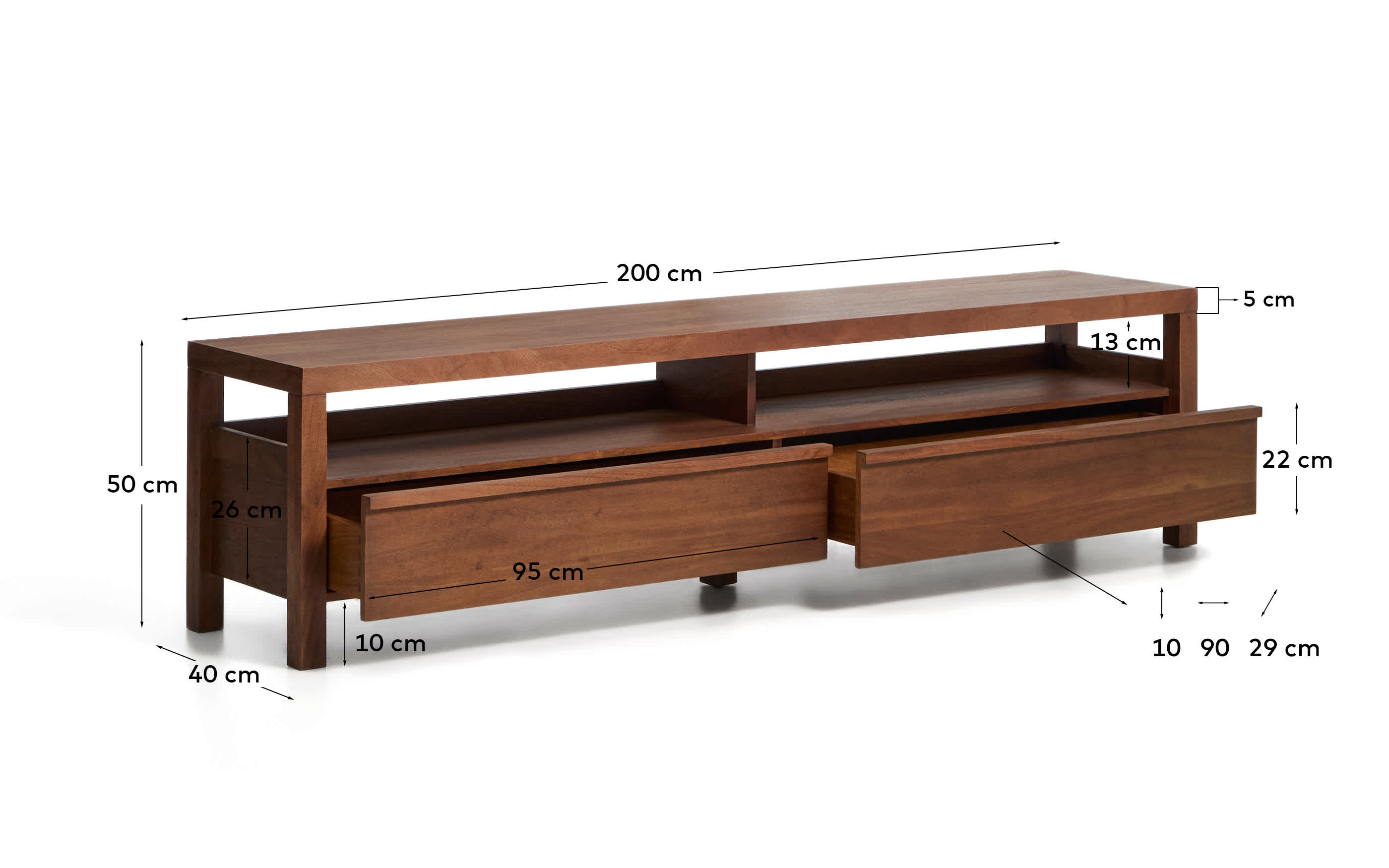 Norani TV stand in solid acacia wood and acacia veneer 200 x 50 cm
