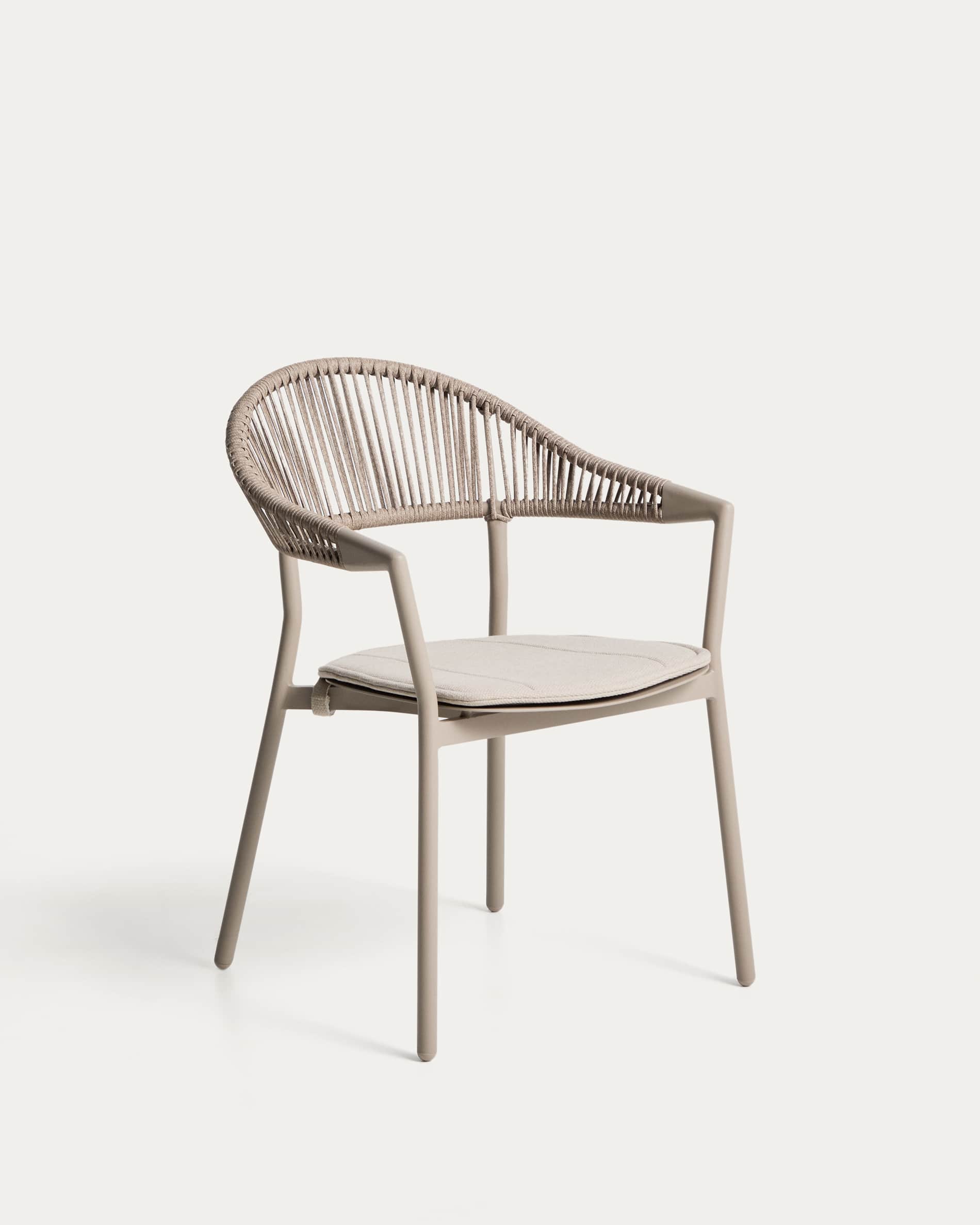Livorno extendable table set in taupe aluminium with 6 Alimia chairs in taupe aluminium and brown synthetic rope cord 233 (350) x 100cm
