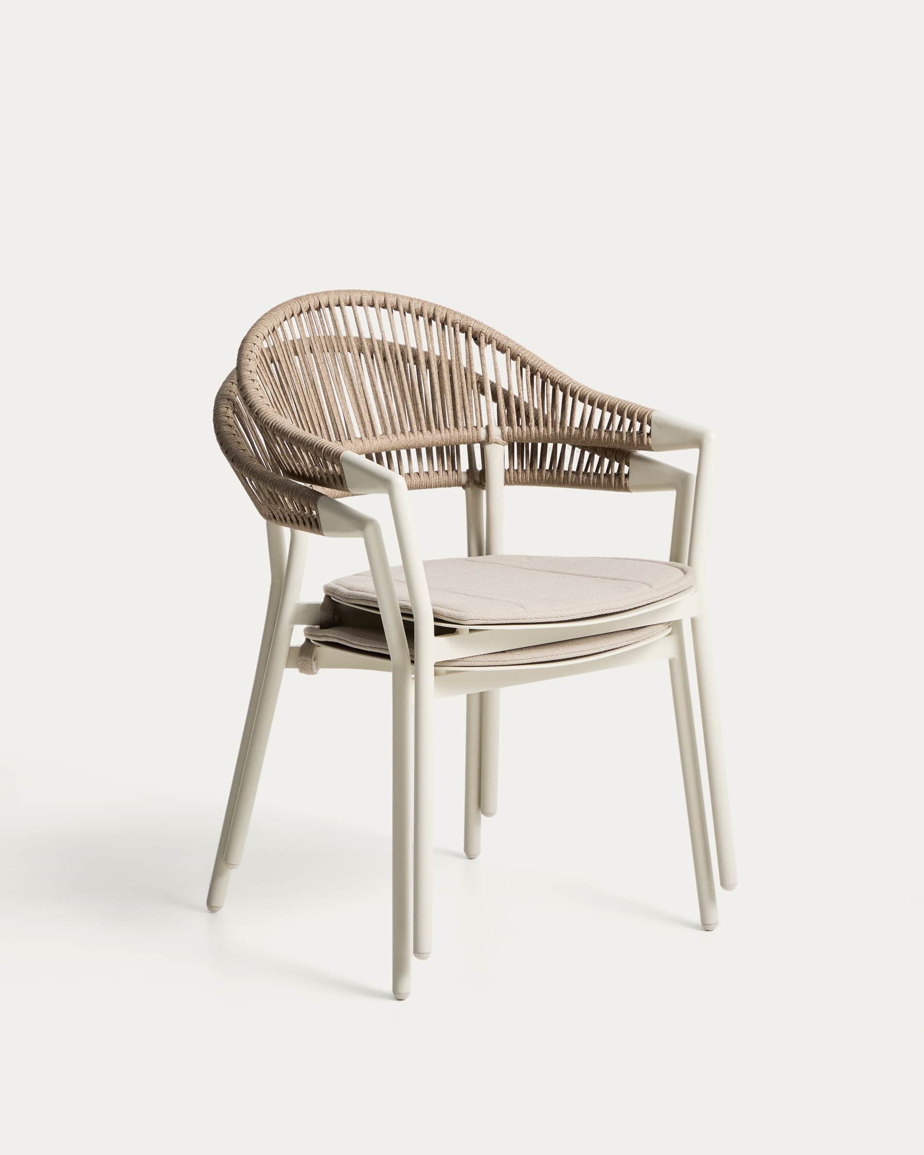 Livorno ecru aluminium extendable table set with wood-effect legs and 6 Alimia chairs in ecru aluminium and beige synthetic rope cord 233 (350)x100cm