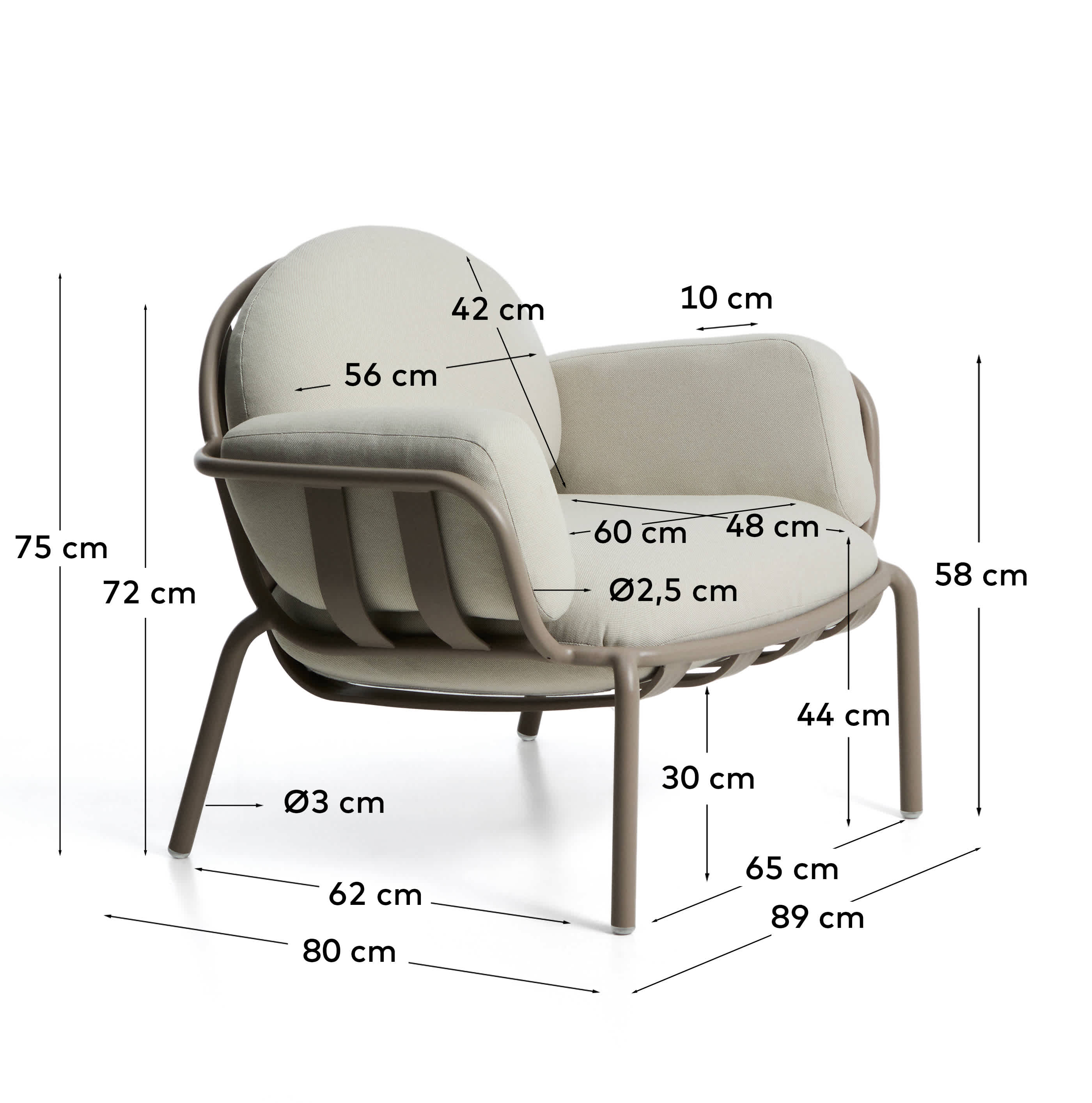 Joncols outdoor armchair in aluminium with taupe painted finish and beige cushions