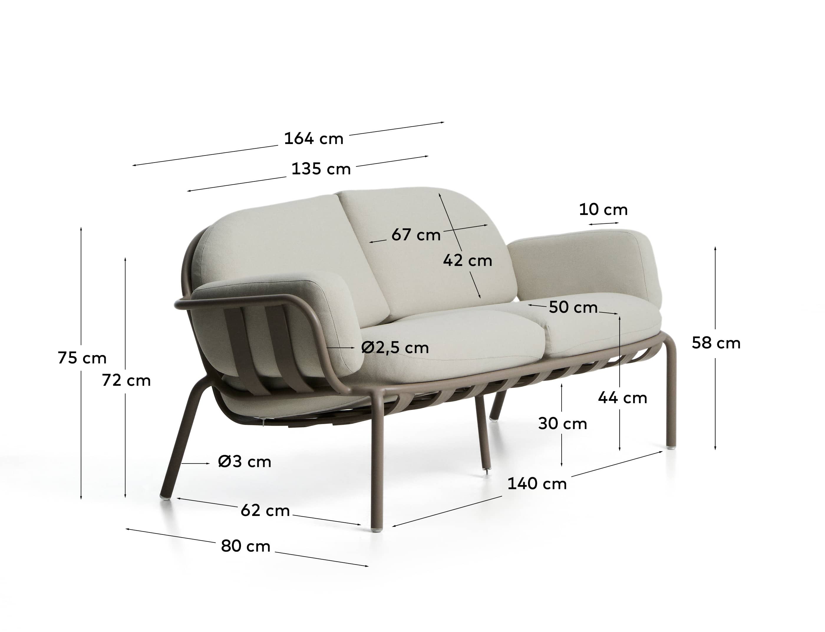 Joncols outdoor 2-seater sofa in aluminium with taupe painted finish and beige cushions 164cm