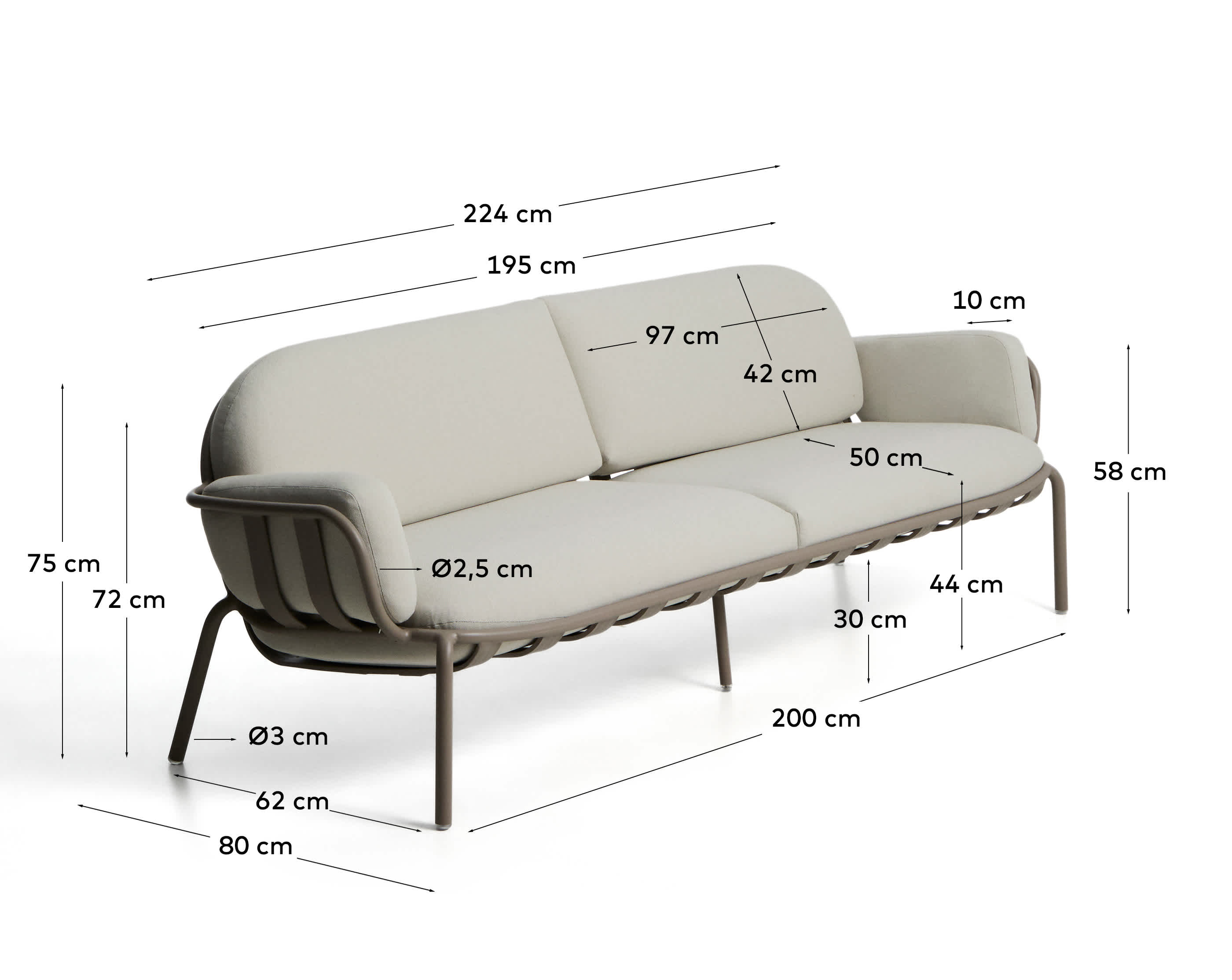 Joncols outdoor 3-seater sofa in aluminium with taupe painted finish and beige cushions 224cm