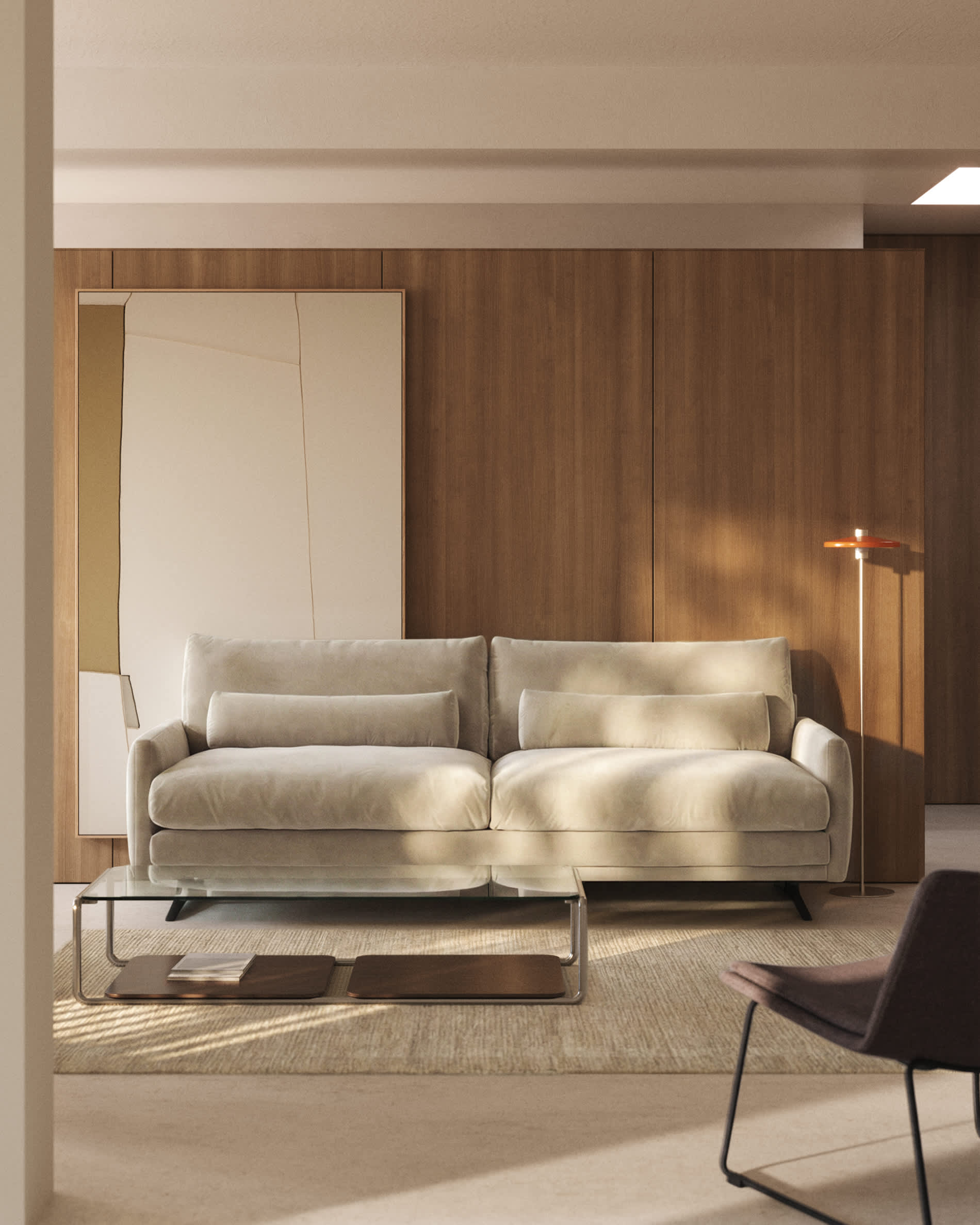 Veliro fire-retardant 2-seater sofa in pearl velvet with steel legs with black finish 210cm FSC Mix Credit