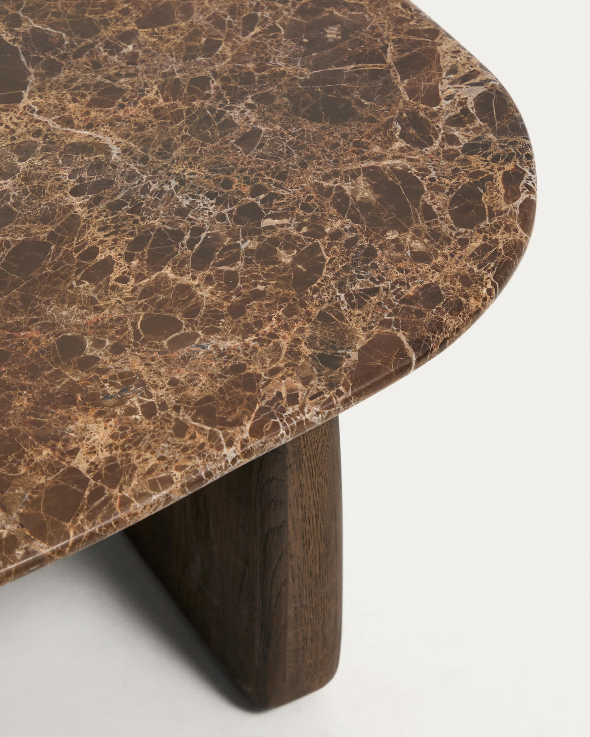 Pirita side table in brown marble with solid oak wood legs with a dark finish 71 x 70cm FSC 100%