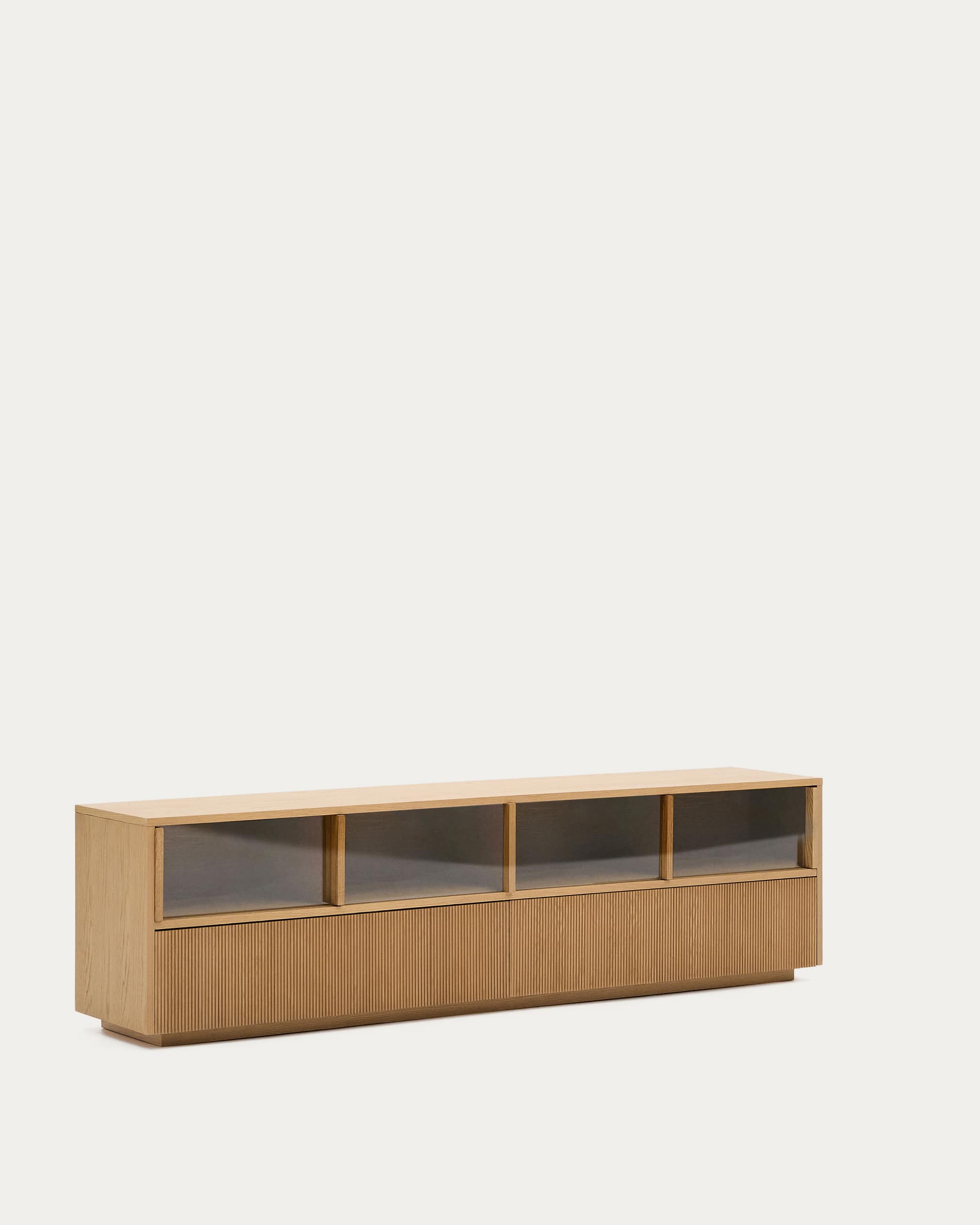 Helvine TV stand 4 doors and 2 drawers oak veneer and tempered glass, 200 x 54 cm FSC 100%