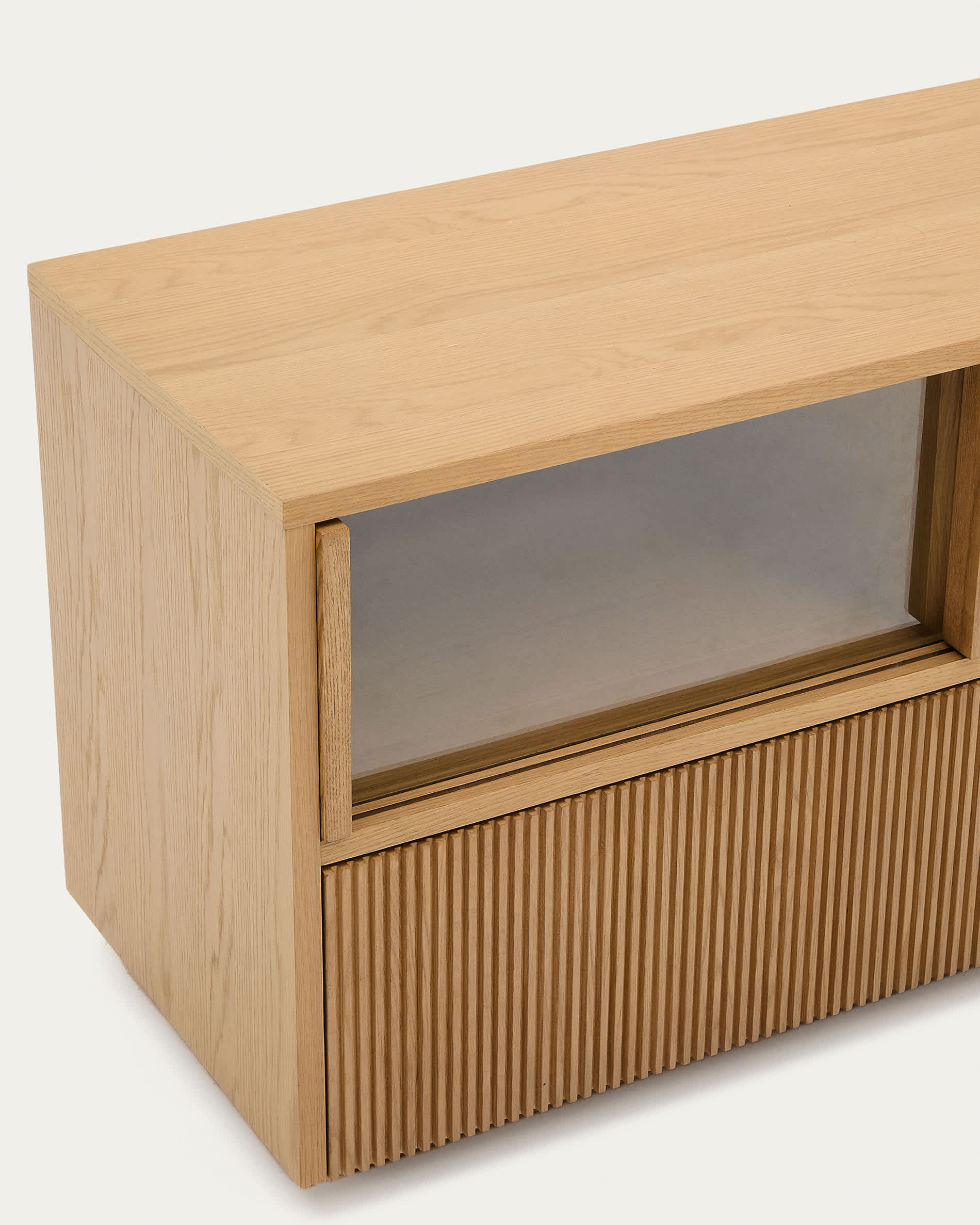 Helvine TV stand 4 doors and 2 drawers oak veneer and tempered glass, 200 x 54 cm FSC 100%