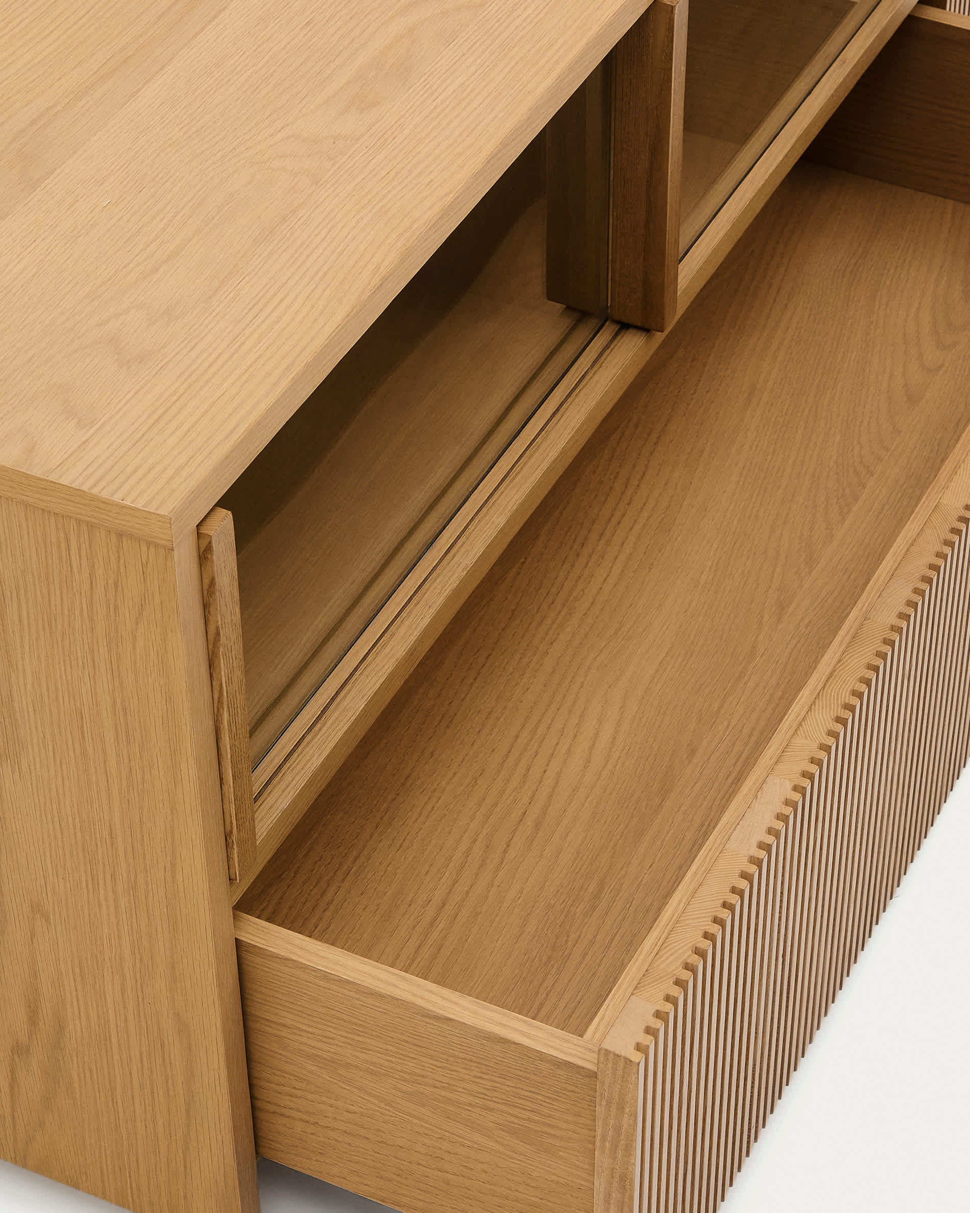 Helvine TV stand 4 doors and 2 drawers oak veneer and tempered glass, 200 x 54 cm FSC 100%