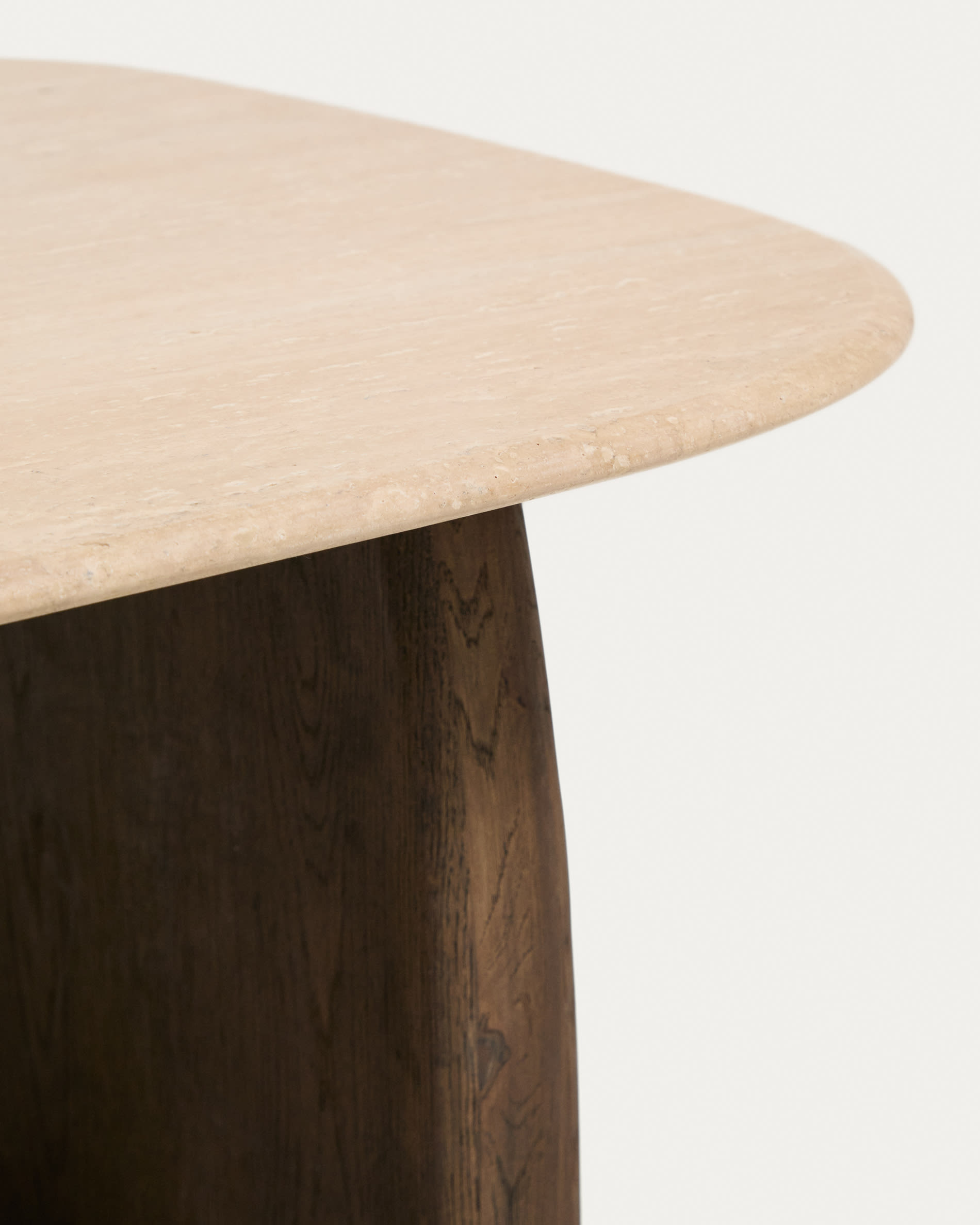 Pirita side table in beige travertine with solid oak wood legs with a dark finish 71 x 70cm FSC 100%