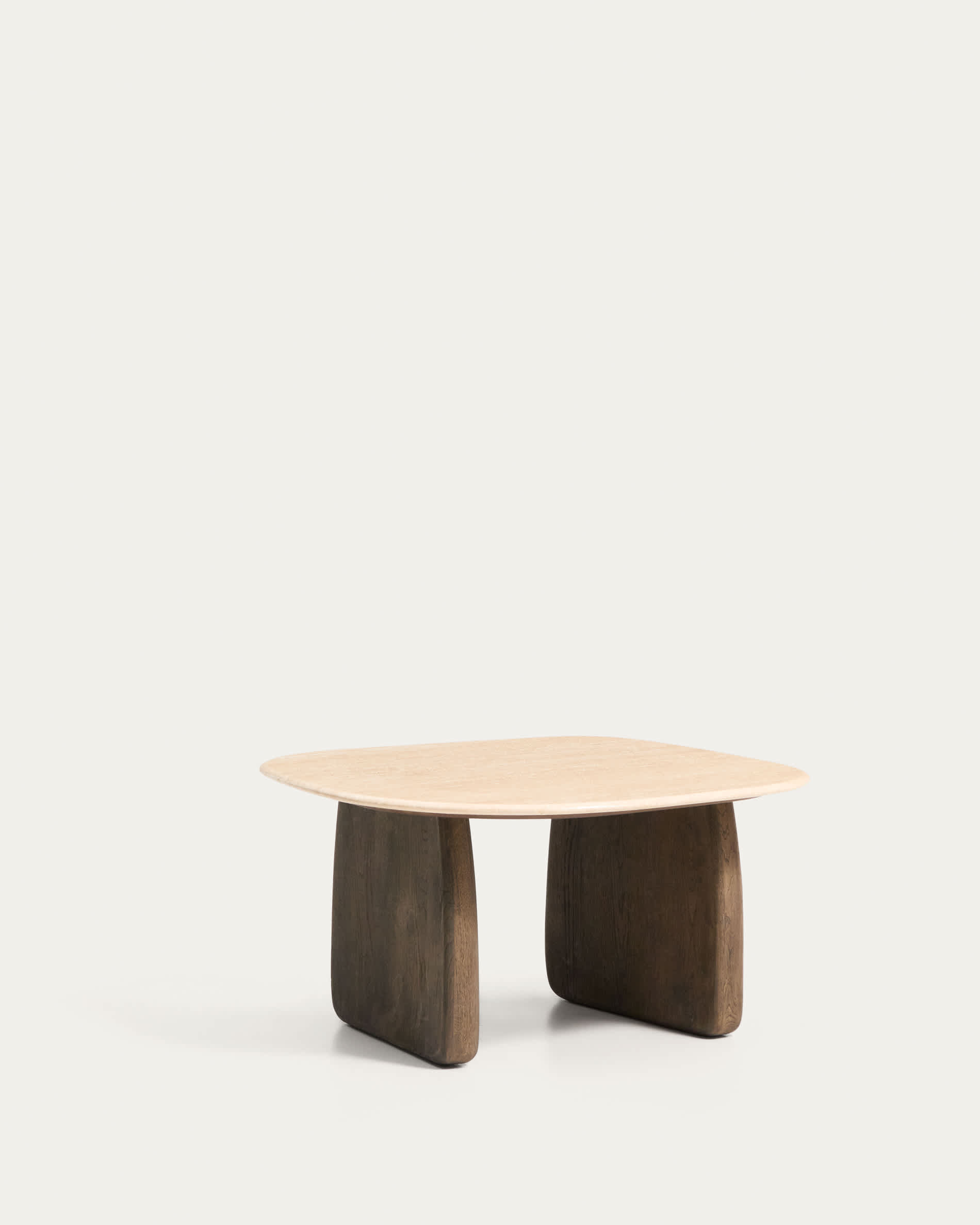 Pirita side table in beige travertine with solid oak wood legs with a dark finish 71 x 70cm FSC 100%