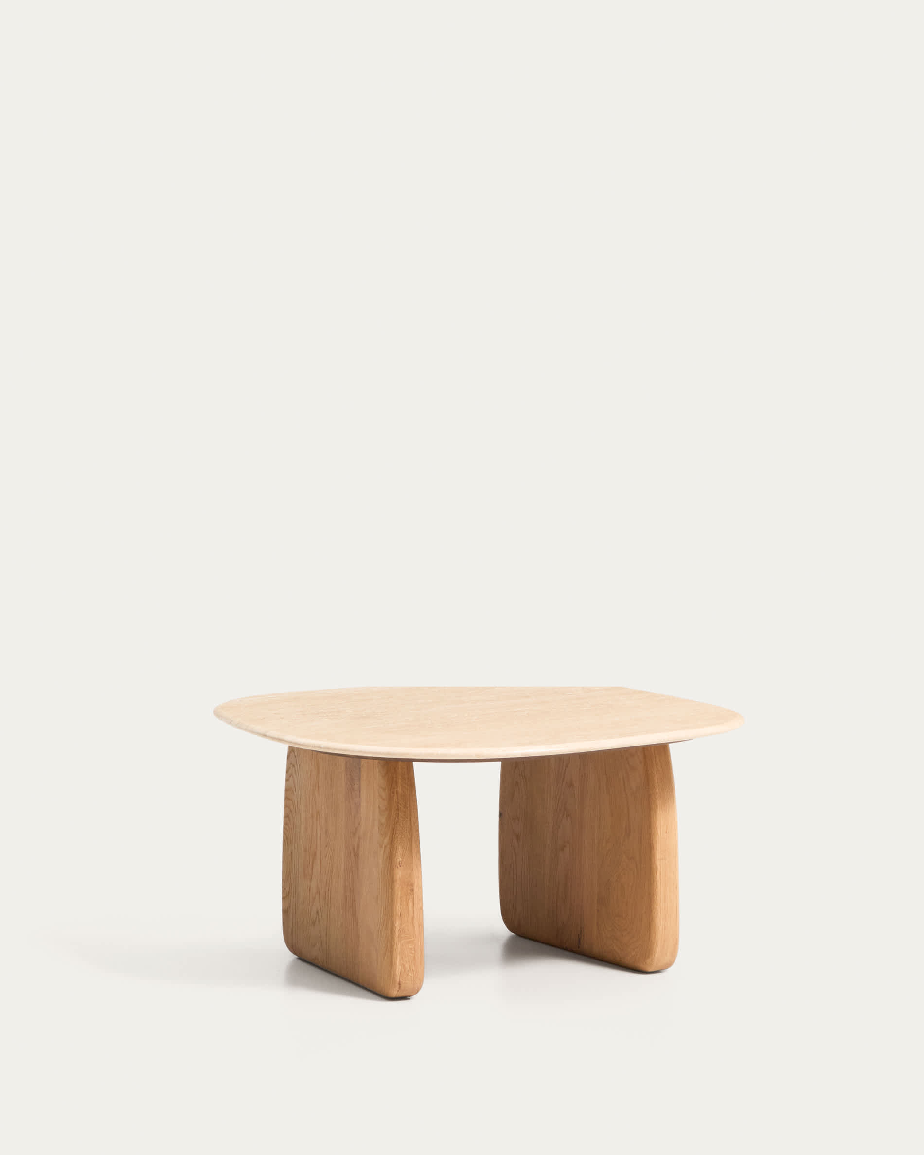 Pirita side table in beige travertine with solid oak wood legs with a natural-coloured finish 71 x 70cm FSC 100%