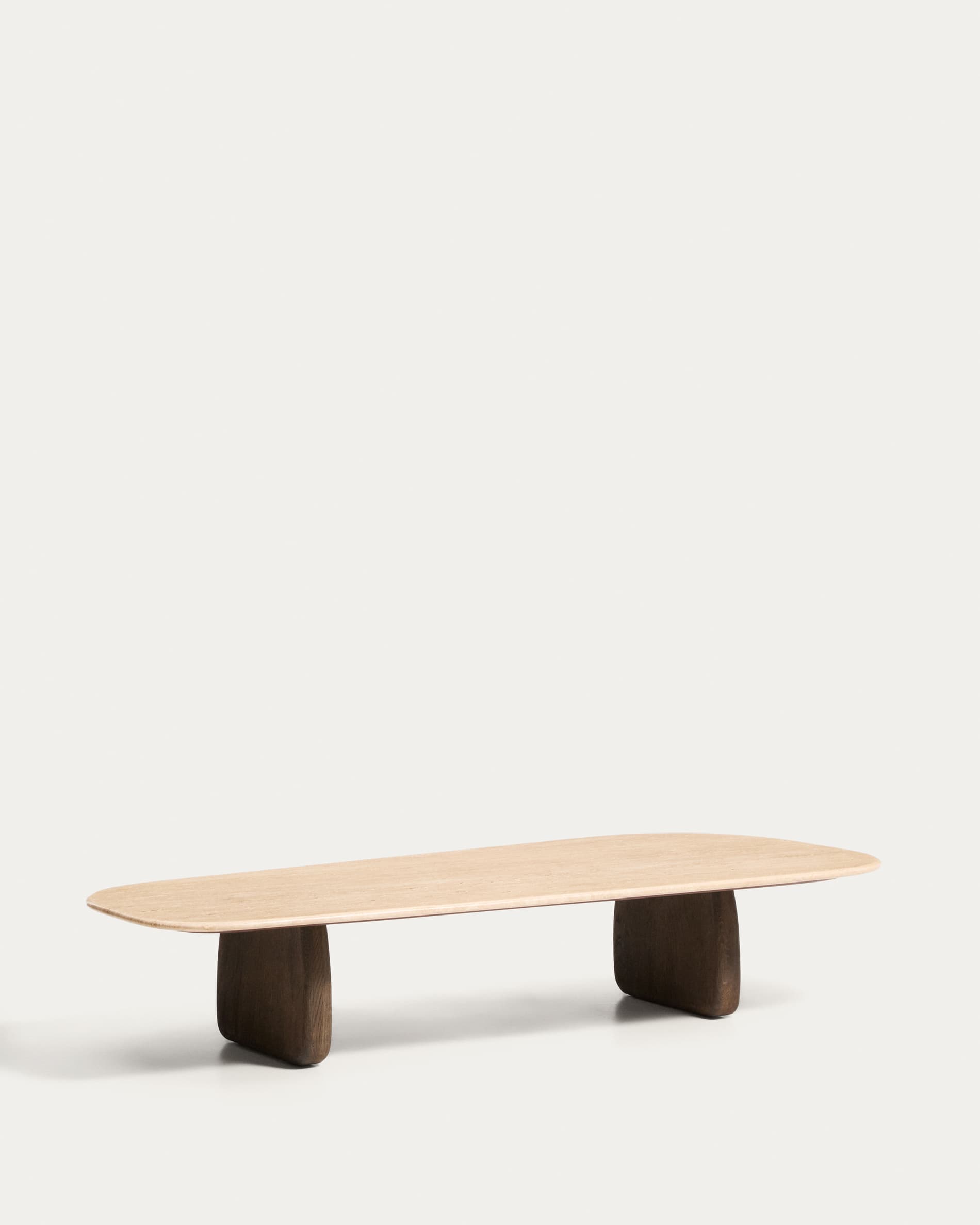 Pirita coffee table in beige travertine with solid oak wood legs with a dark finish 147 x 65cm FSC 100%