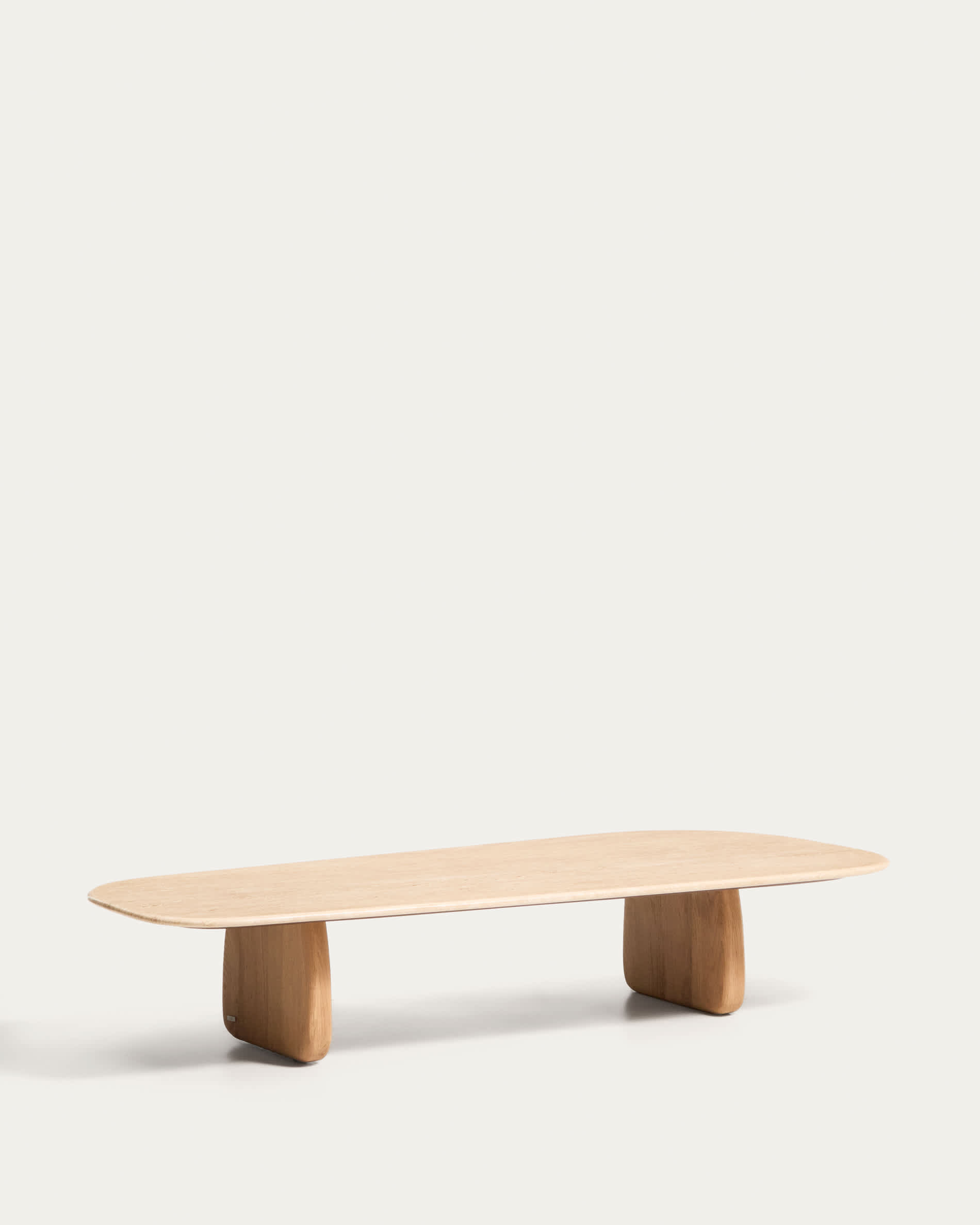 Pirita coffee table in beige travertine with solid oak wood legs with a natural-coloured finish 147 x 65cm FSC 100%