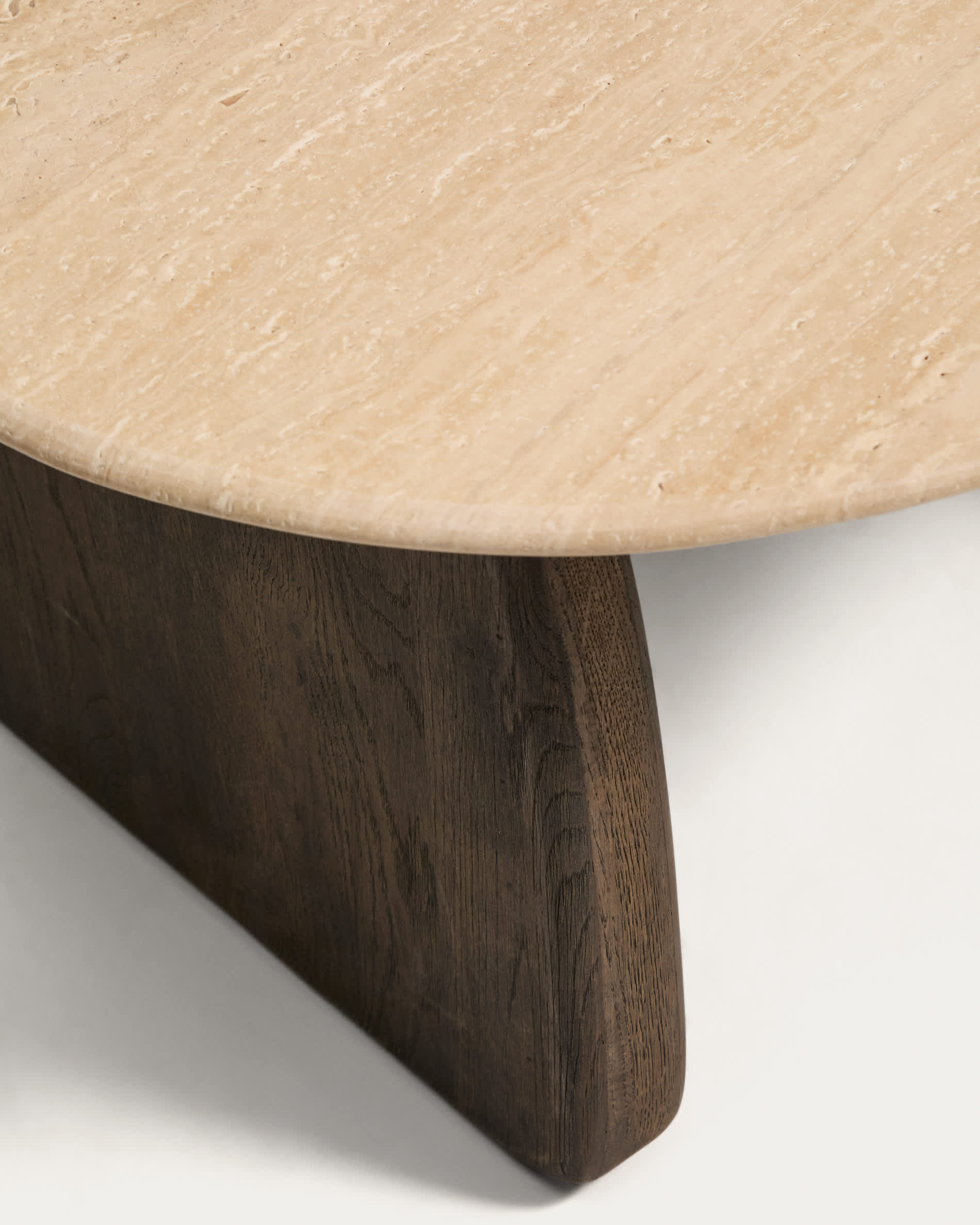 Pirita side table in beige travertine with solid oak wood legs with a dark finish 71 x 70cm FSC 100%