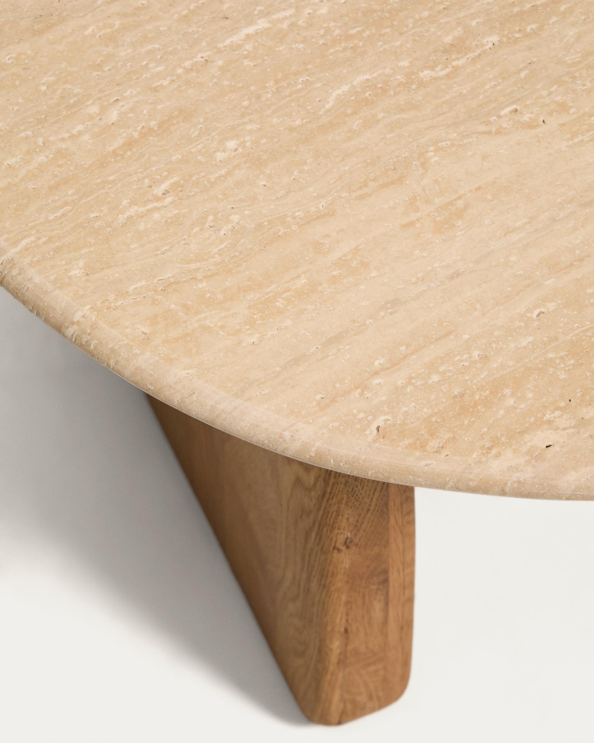 Pirita side table in beige travertine with solid oak wood legs with a natural-coloured finish 71 x 70cm FSC 100%