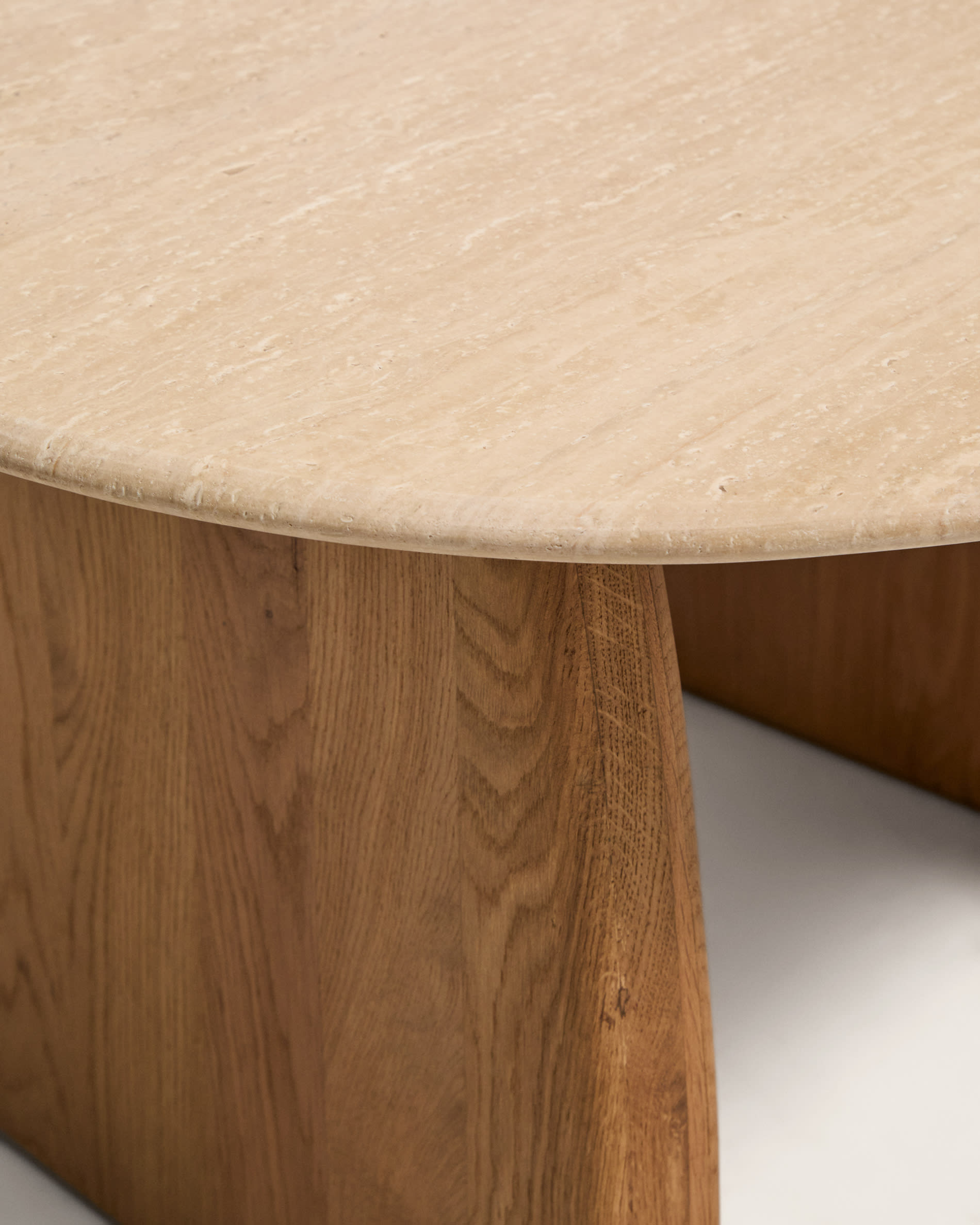 Pirita side table in beige travertine with solid oak wood legs with a natural-coloured finish 71 x 70cm FSC 100%