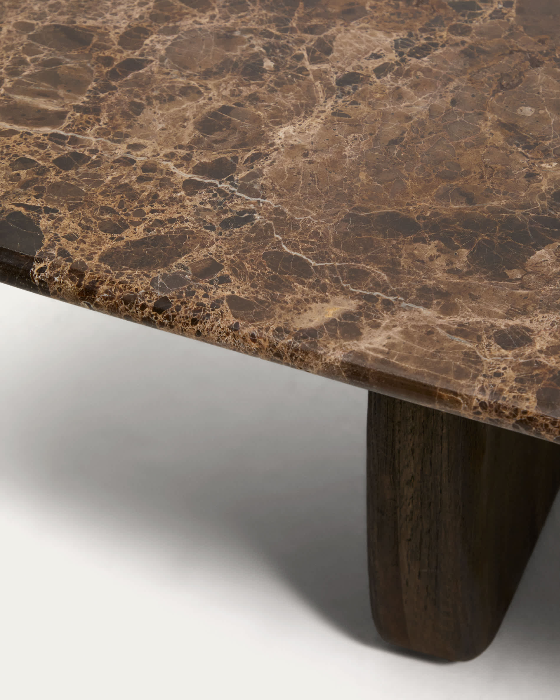 Pirita coffee table in brown marble with solid oak wood legs with a dark finish 147 x 65cm FSC 100%