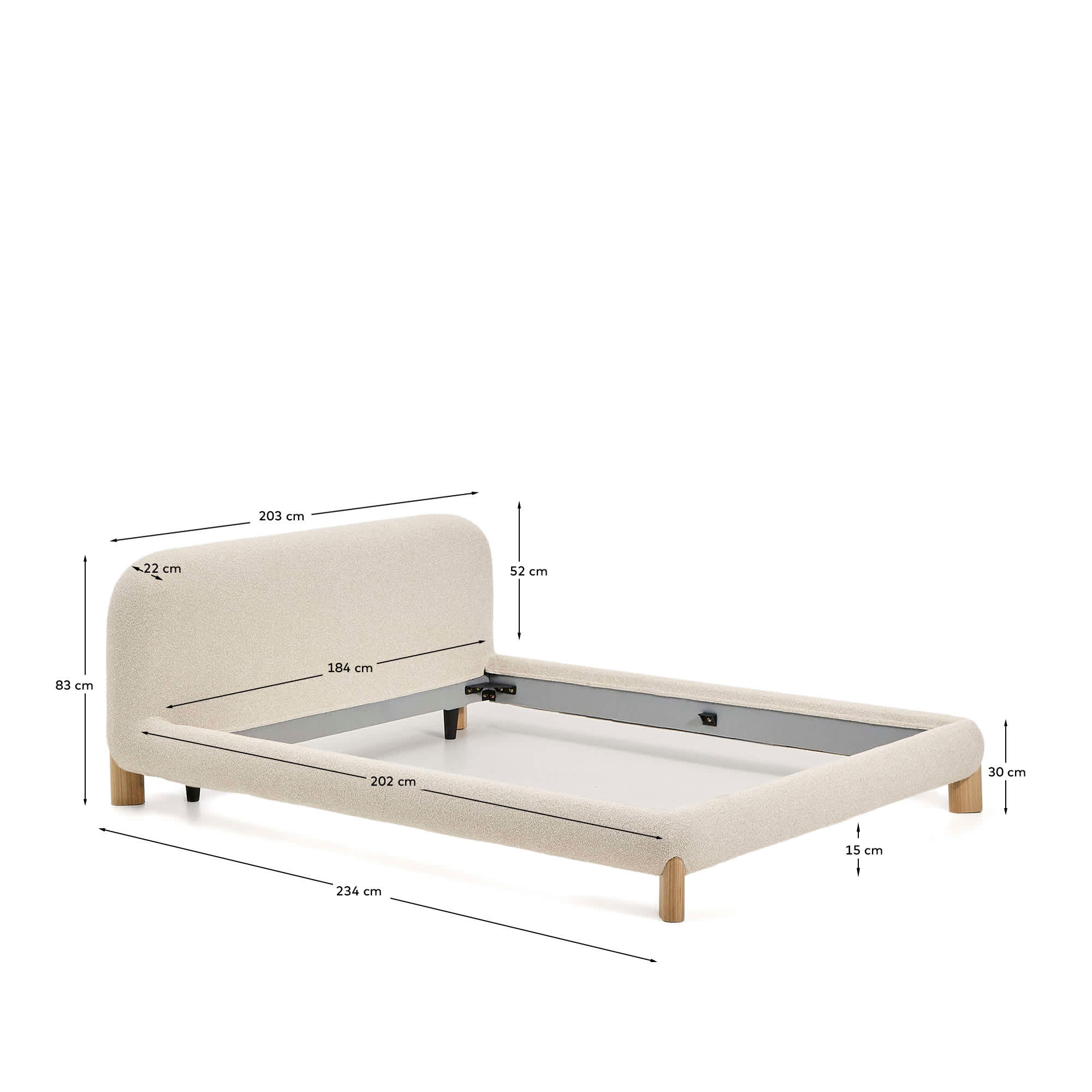 Odina ecru bouclé bed with removable cover and solid ash wood legs with natural finish for 180 x 200cm mattress