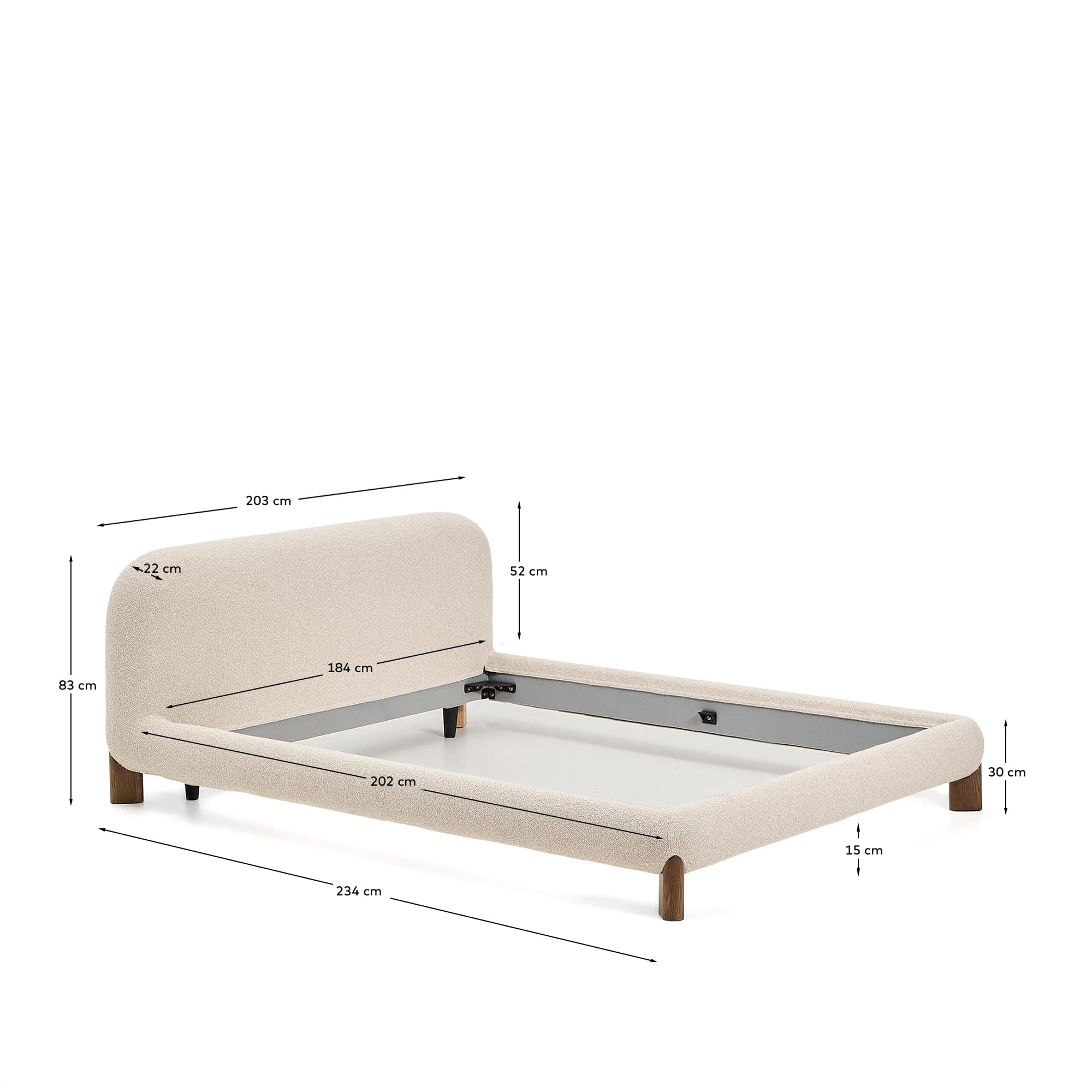 Odina ecru bouclé bed with removable cover and solid ash wood legs with walnut finish for 180 x 200cm mattress