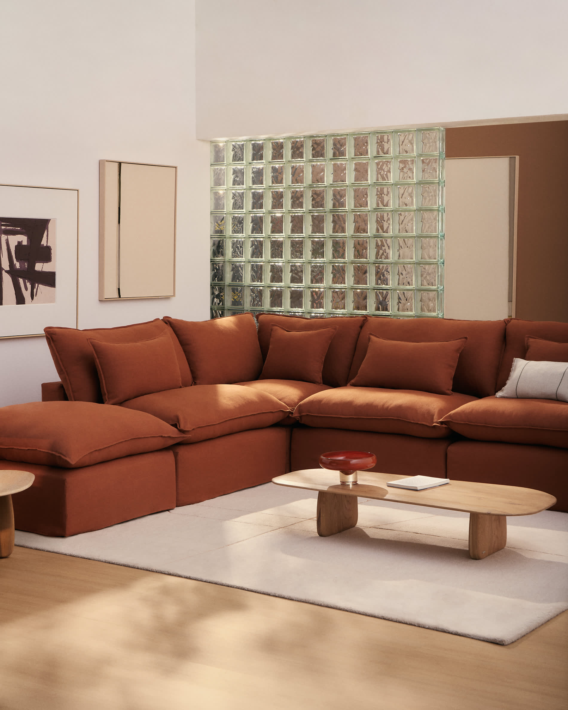 Anarela 100% terracotta linen 6-seater modular corner sofa with removable cover 307 x 347cm FSC Mix Credit