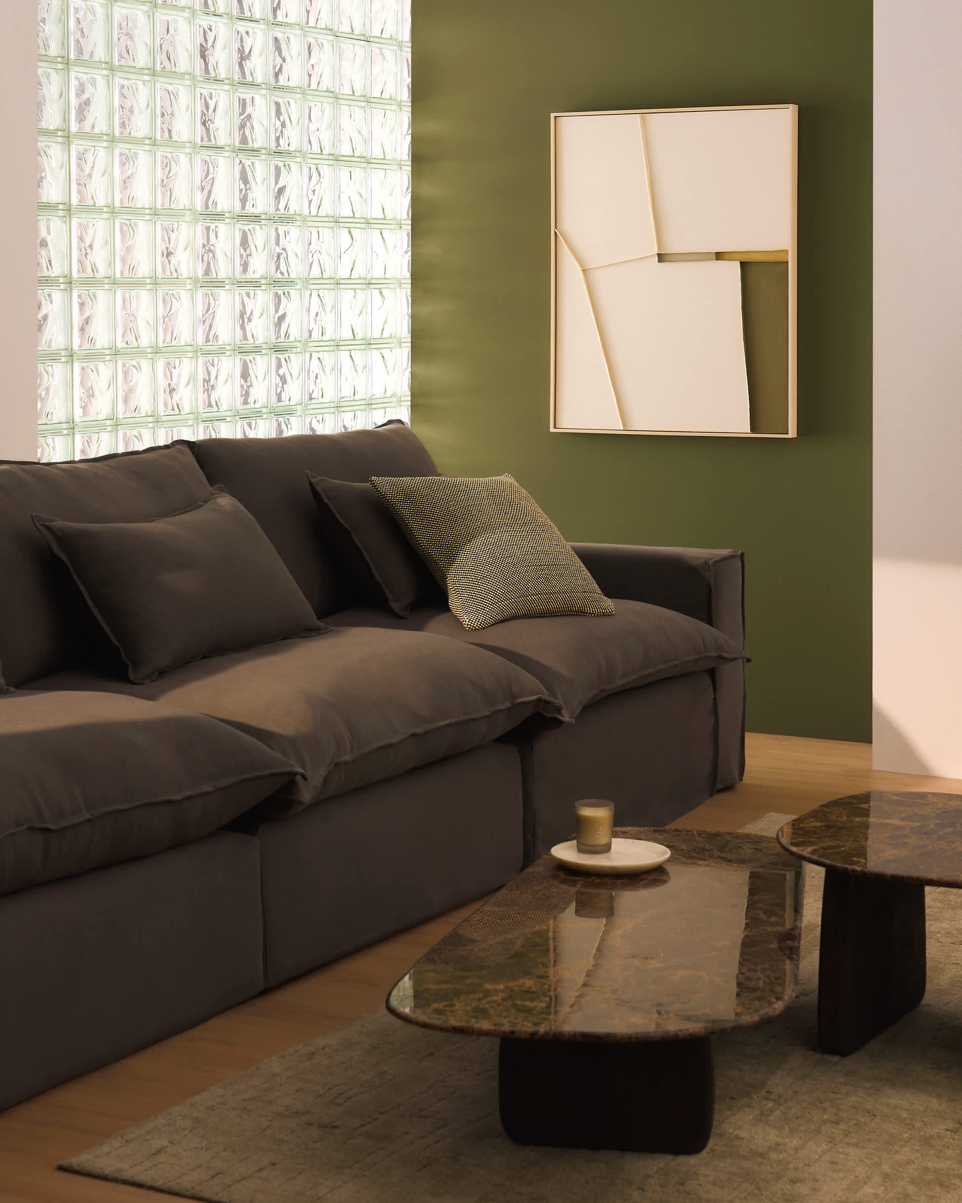 Anarela 100% taupe linen 5-seater modular sofa with removable cover 370cm FSC Mix Credit