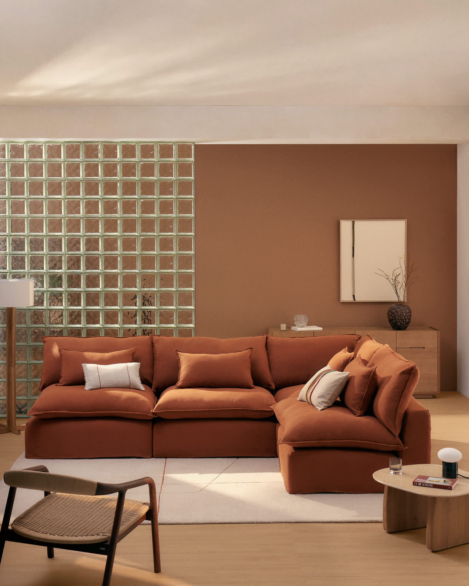 Anarela 100% terracotta linen 6-seater modular corner sofa with removable cover 327 x 217cm / 217 x 327cm FSC Mix Credit
