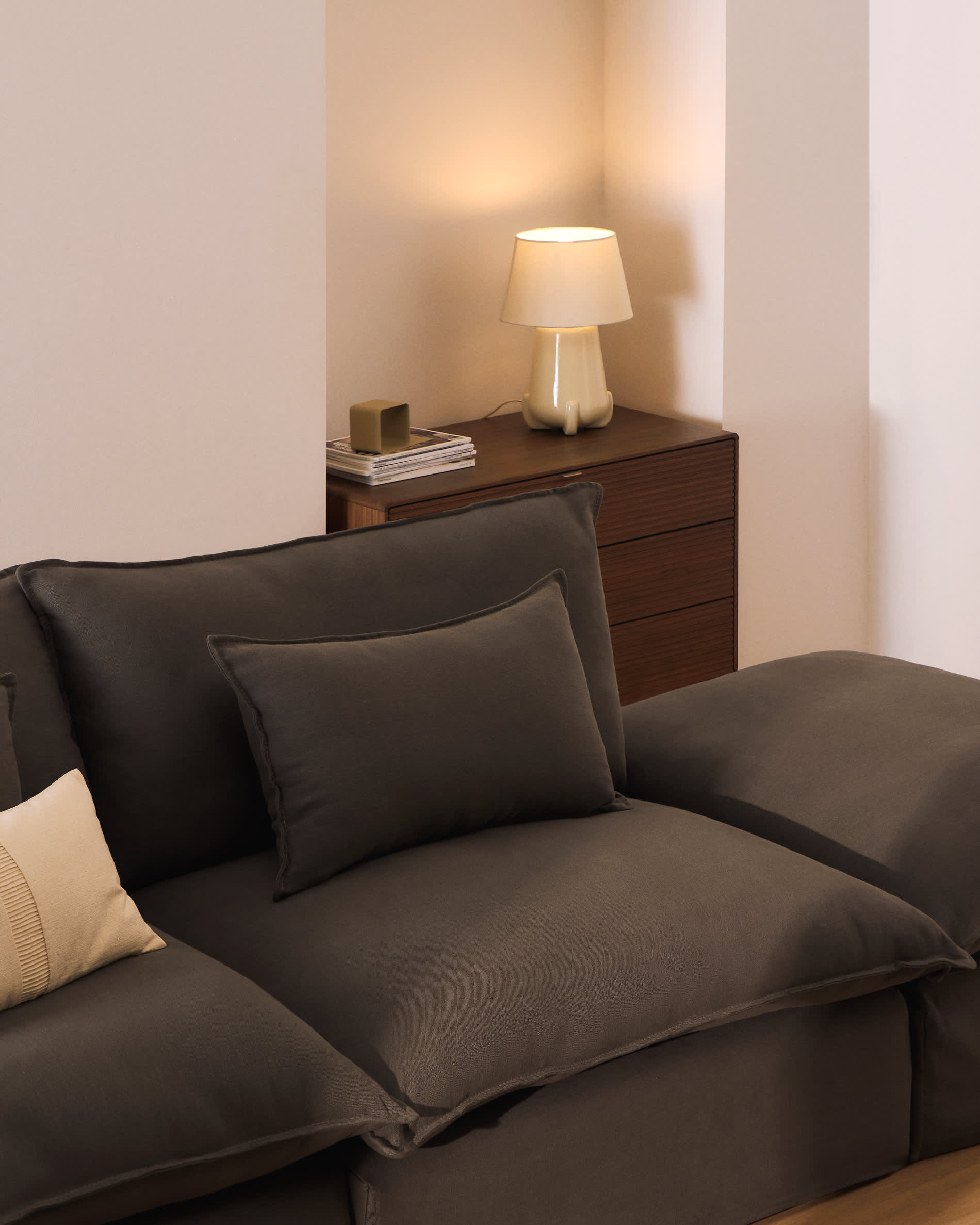 Anarela 100% taupe linen 3-seater modular sofa with end module and removable cover 310cm FSC Mix Credit