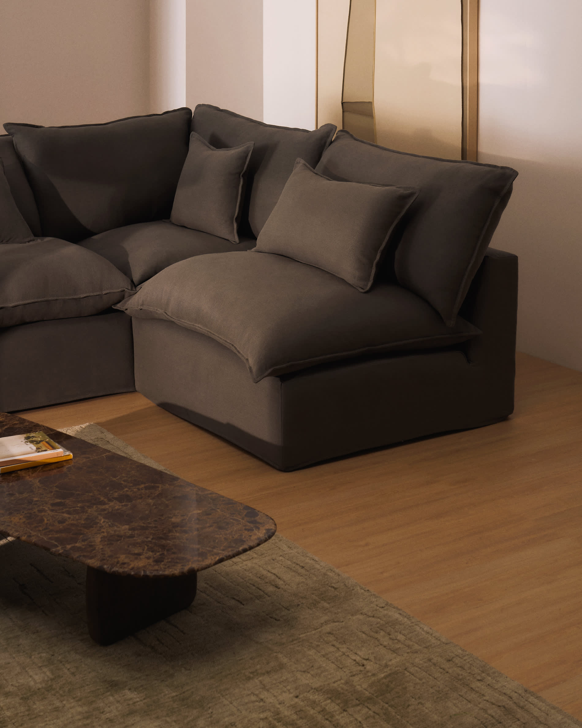 Anarela 100% taupe linen 6-seater modular corner sofa with removable cover 327 x 217cm / 217 x 327cm FSC Mix Credit